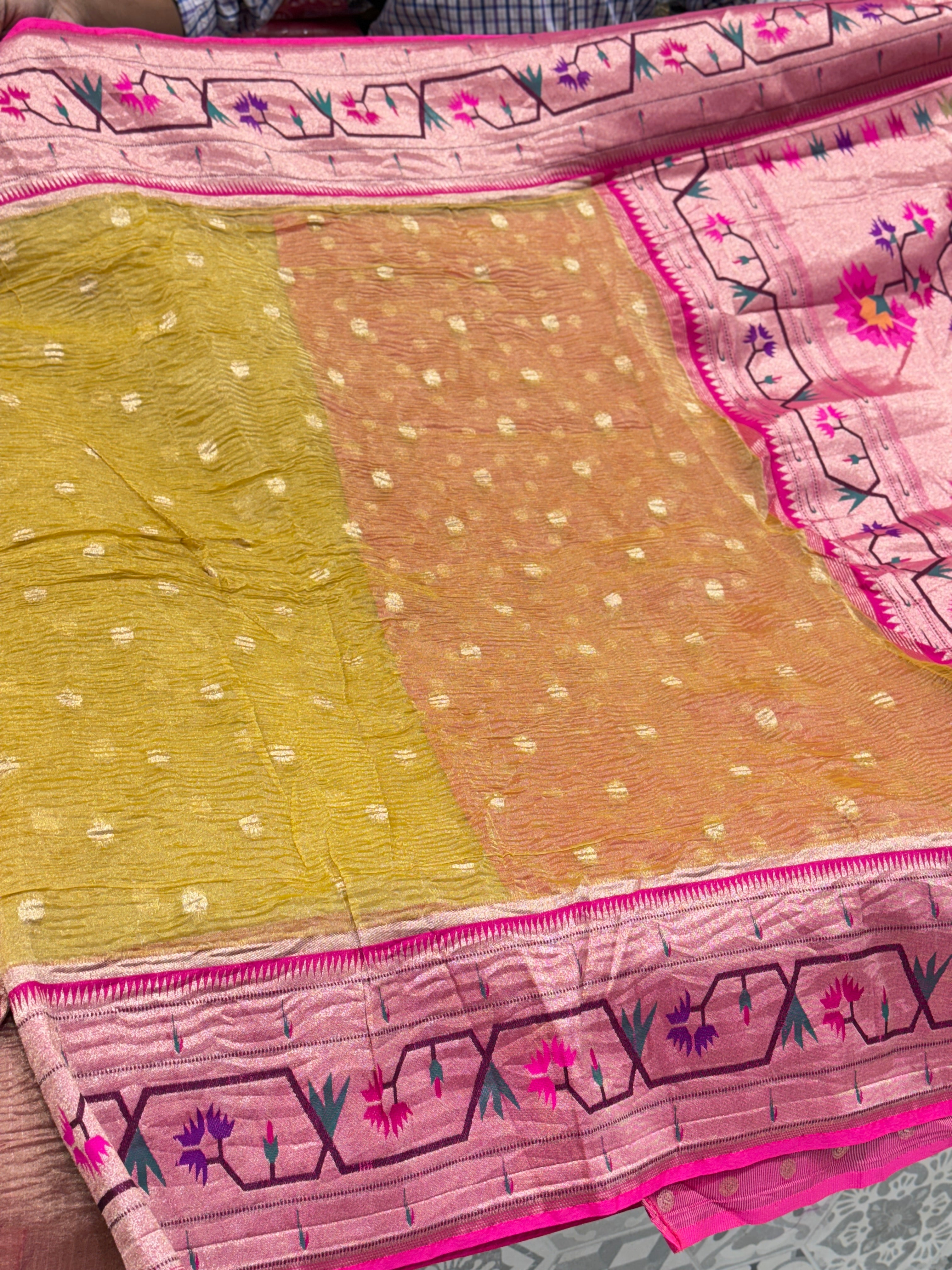 Yellow Crushed Tissue Paithani Saree