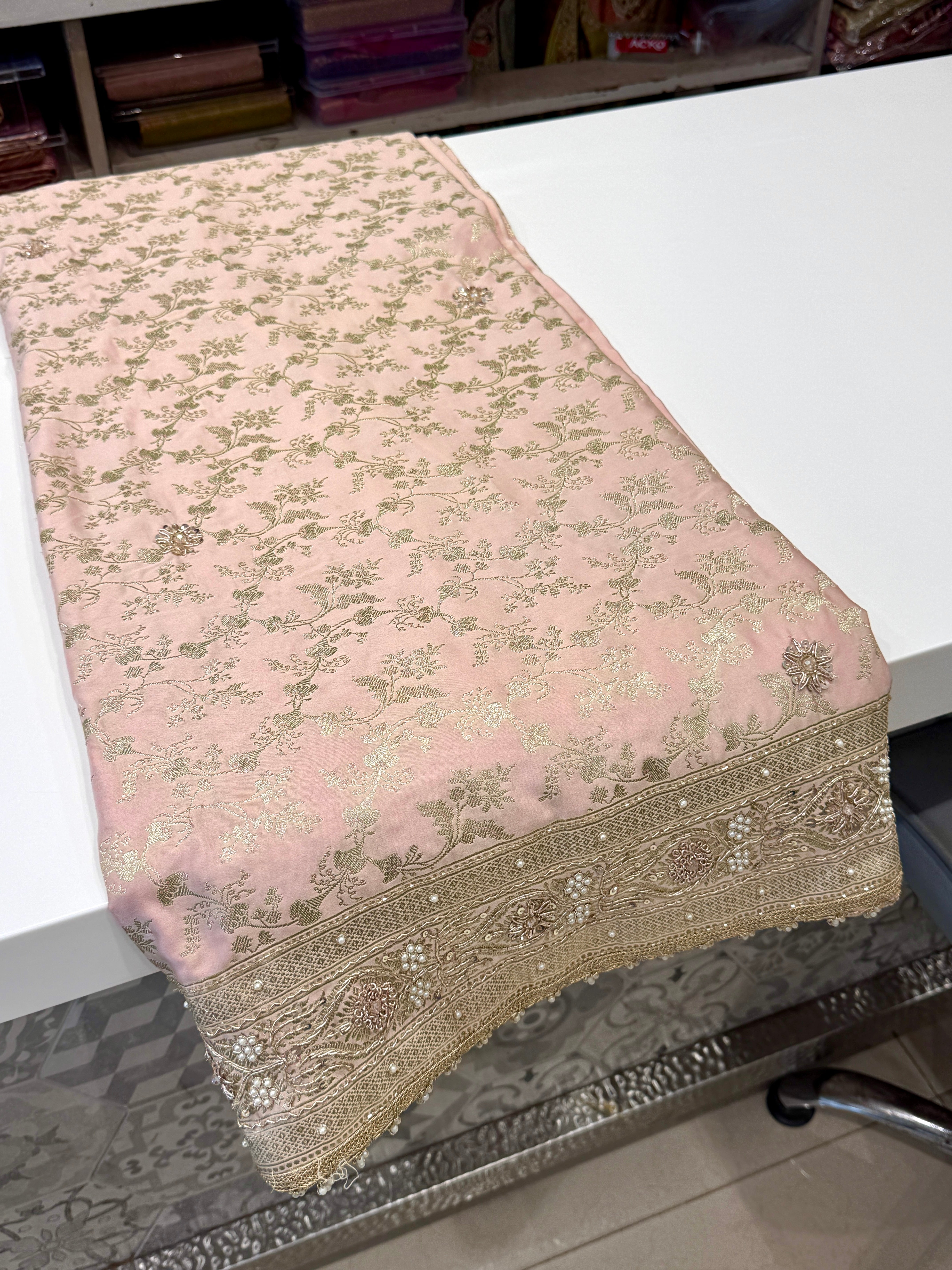 Pink Banarasi Pine Jaal Crystal Hand Embroidery Zardosi Saree