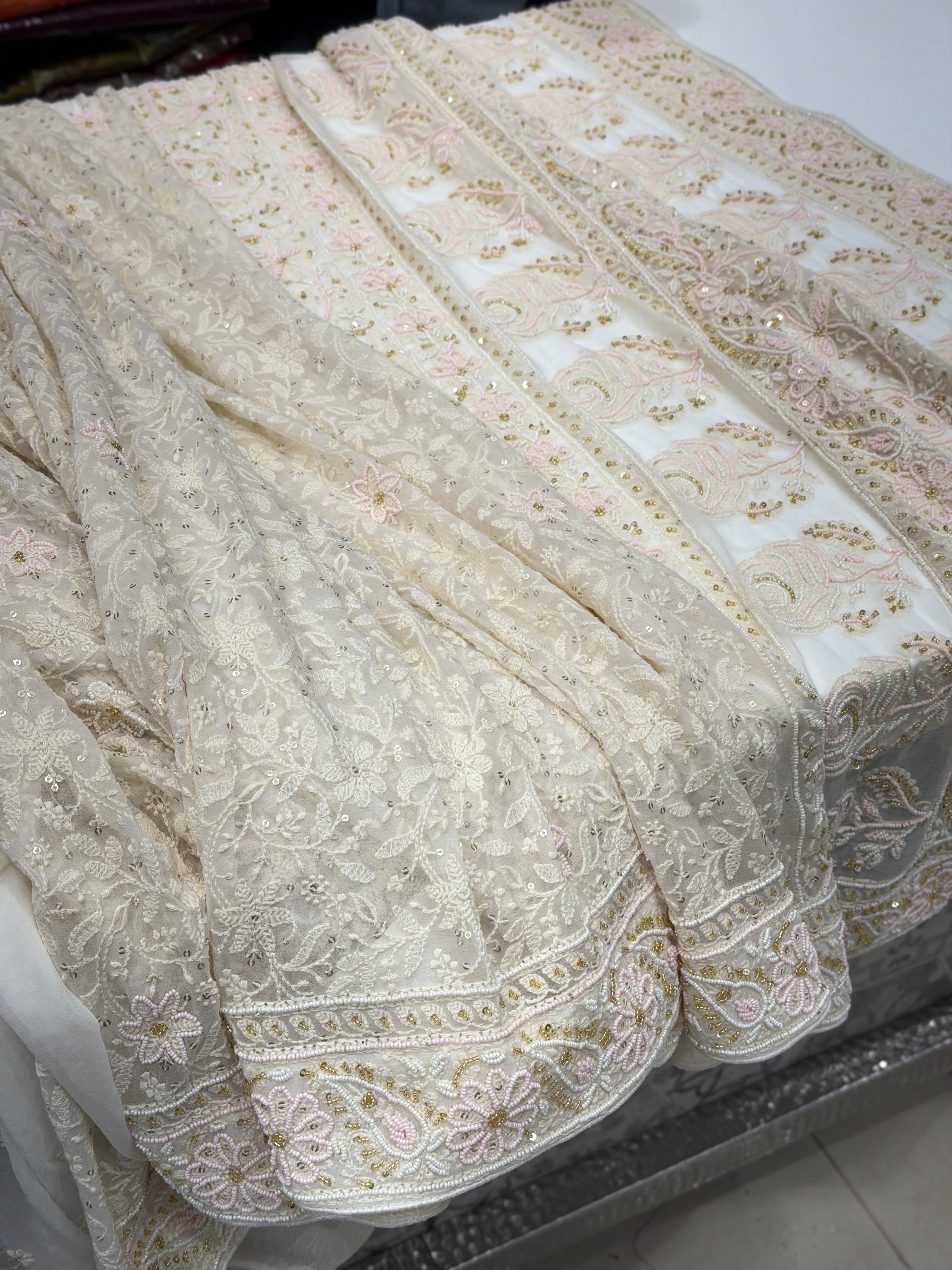 White Chikankari Kidiya Moti Hand Embroidery Saree