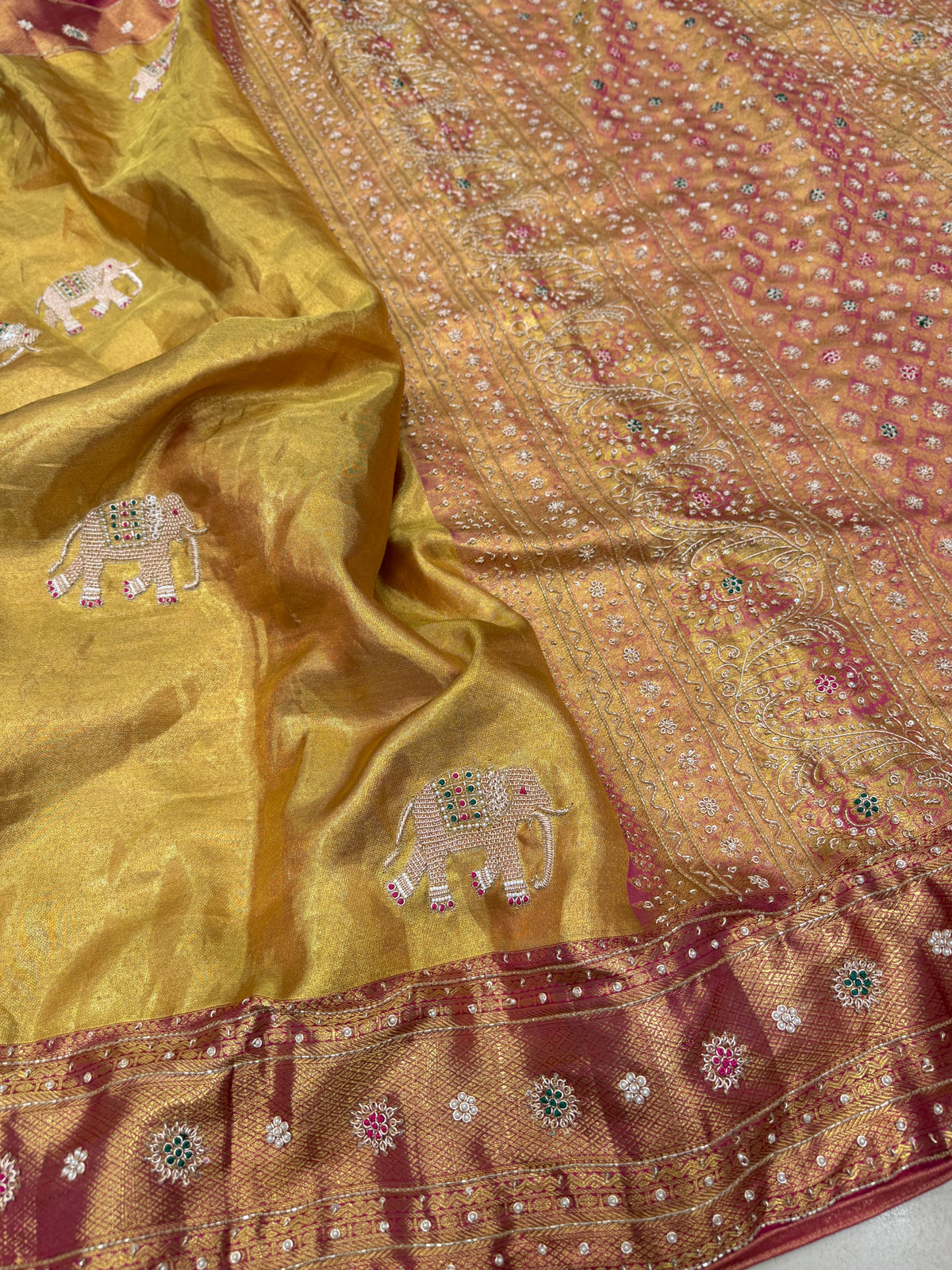 Golden Tissue Silk Kanjivaram Elephant Motif Zardosi Hand Embroidery Saree