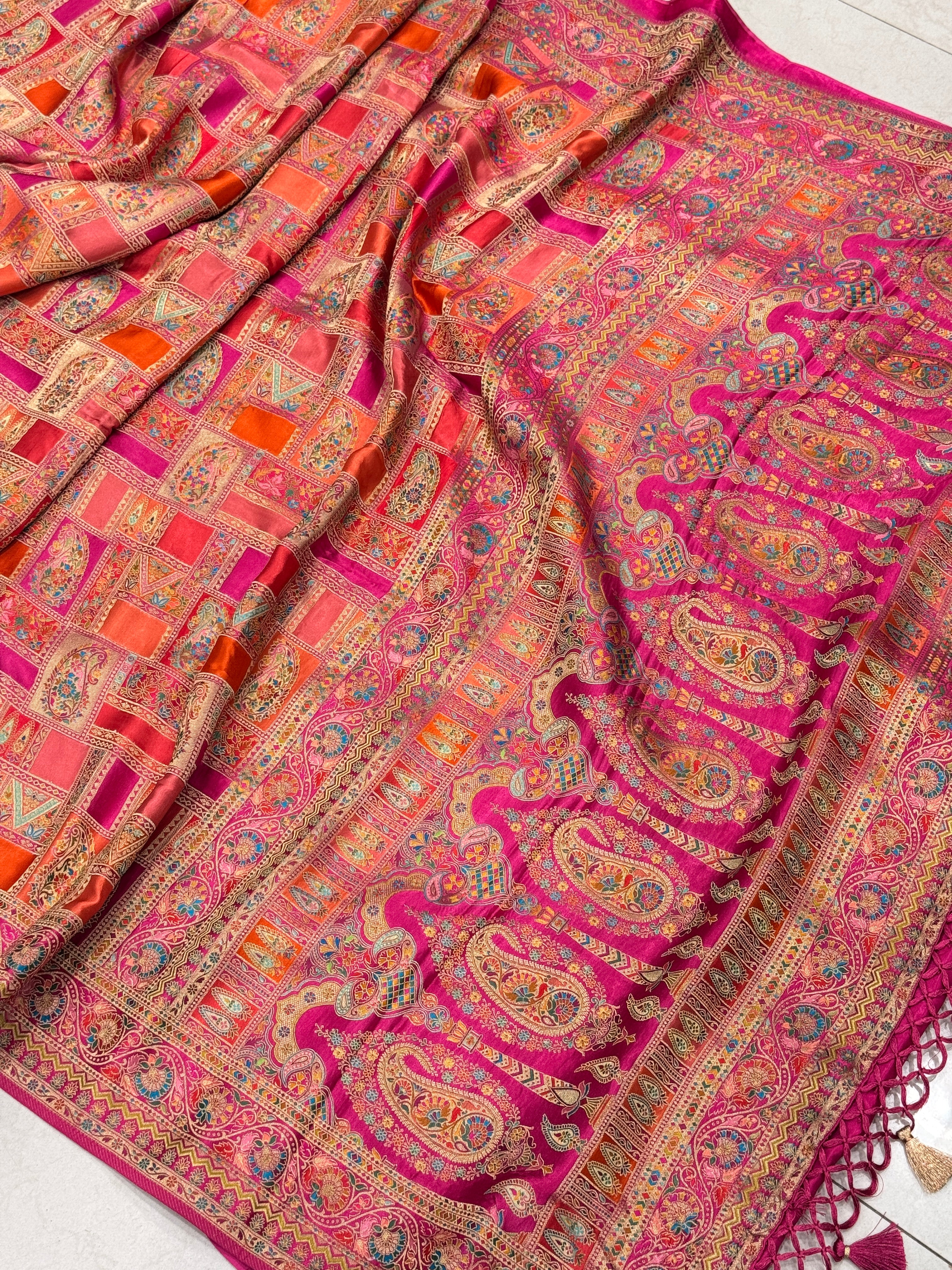 Orange Rani Banarasi Modal Rangkat Satin Checkered Silk Saree