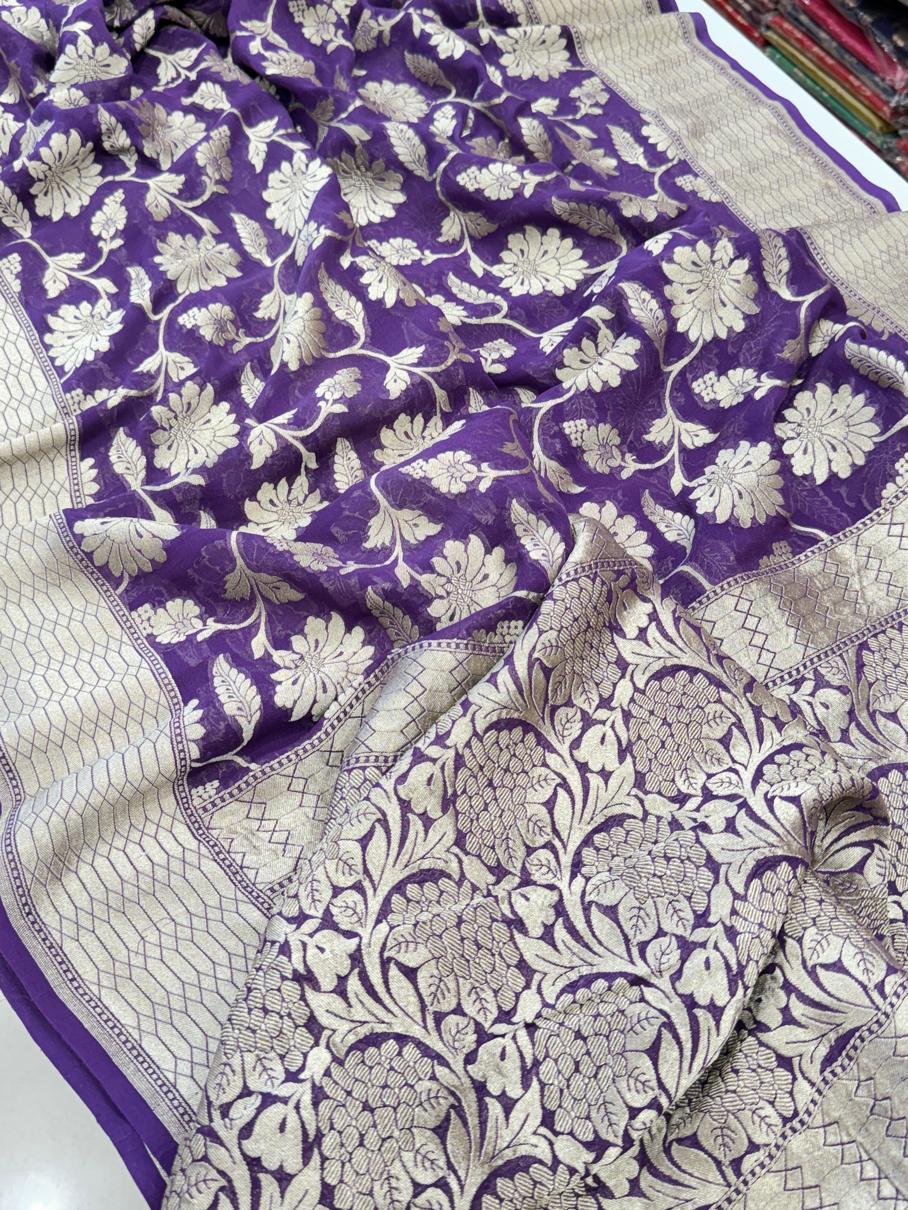 Purple Banarasi Floral Handloom Georgette Saree