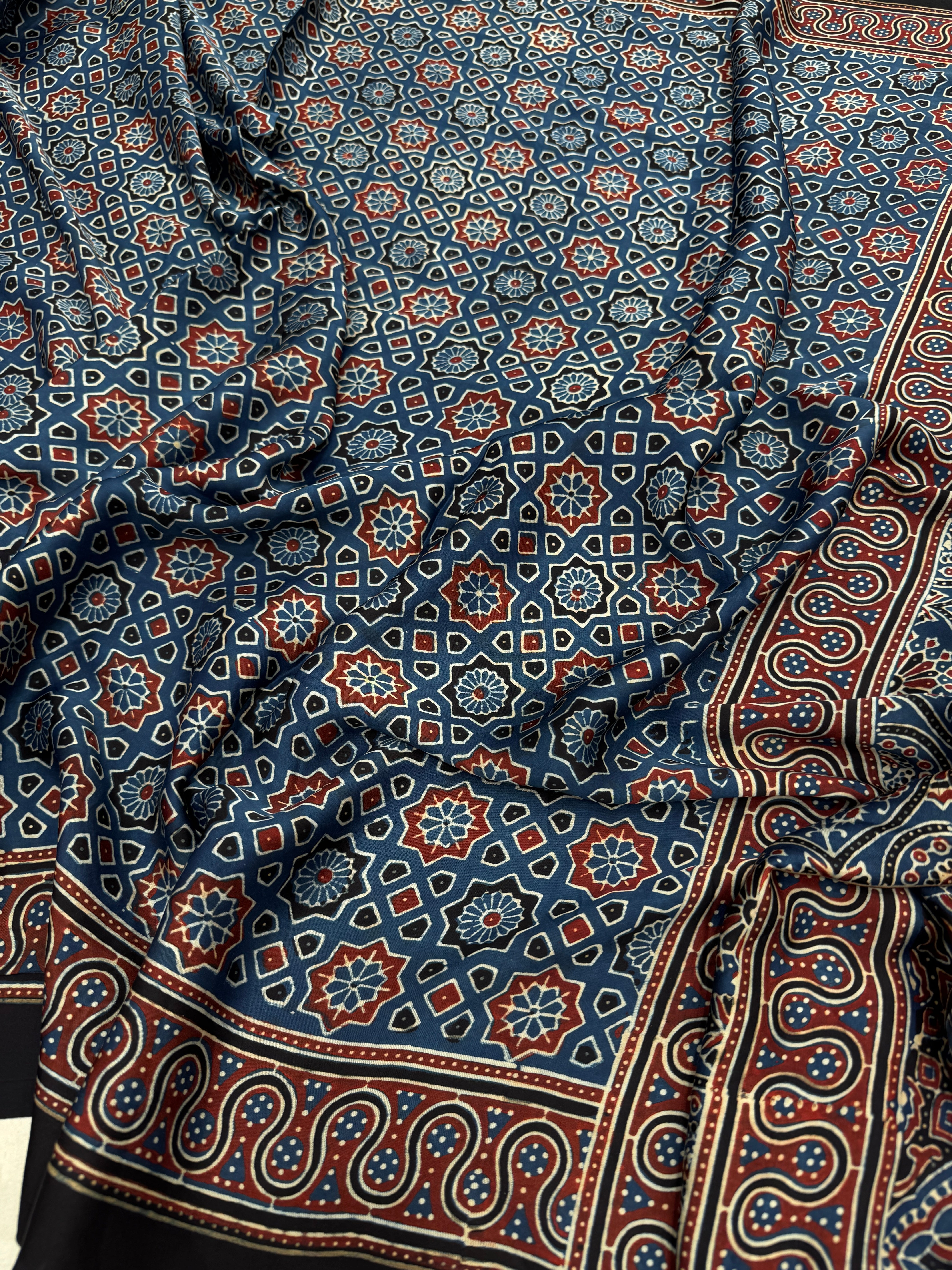 Blue Star Hand Block Print Ajrkah Pure Gajji Silk Saree