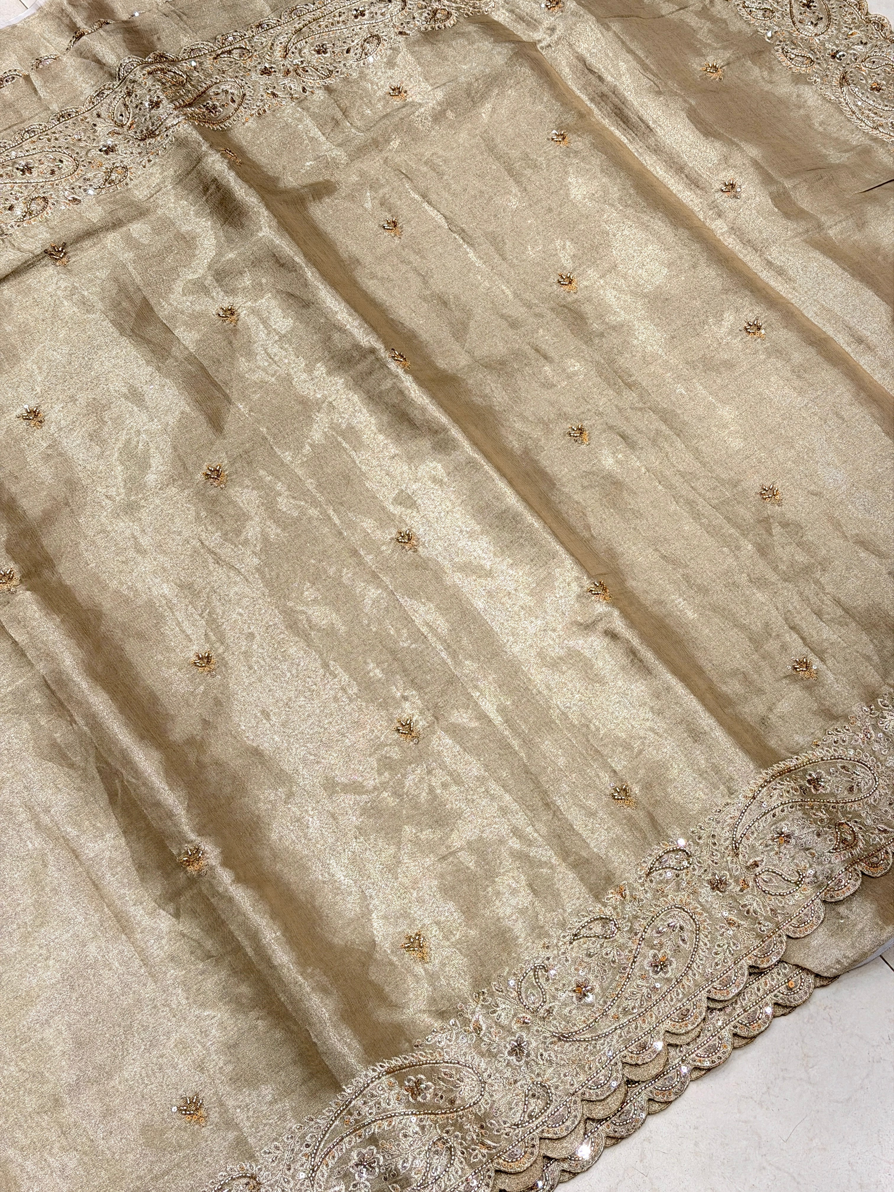 Light Golden Tissue Cutdana Moti Embroidery Saree