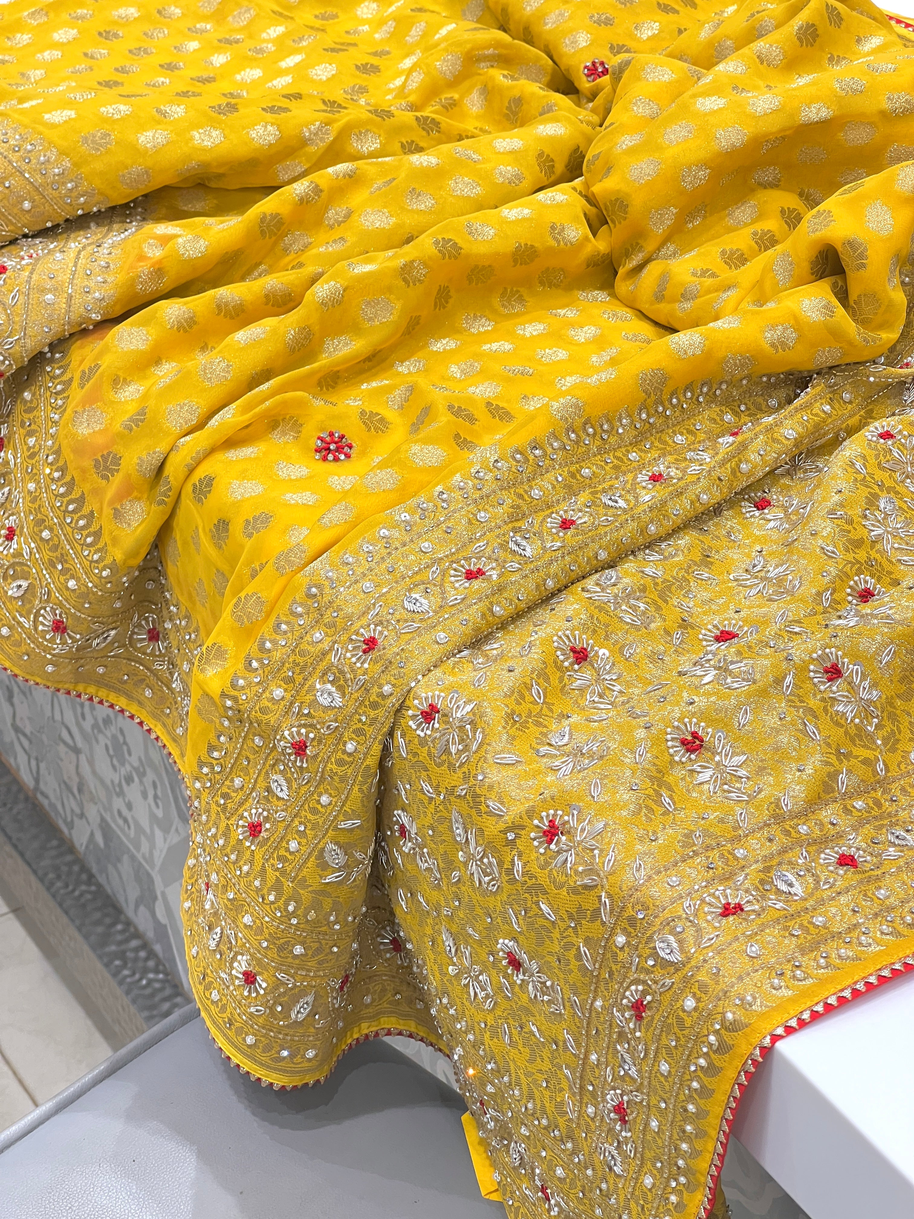 Yellow Georgette Butti Zardozi Resham Embroidery Saree