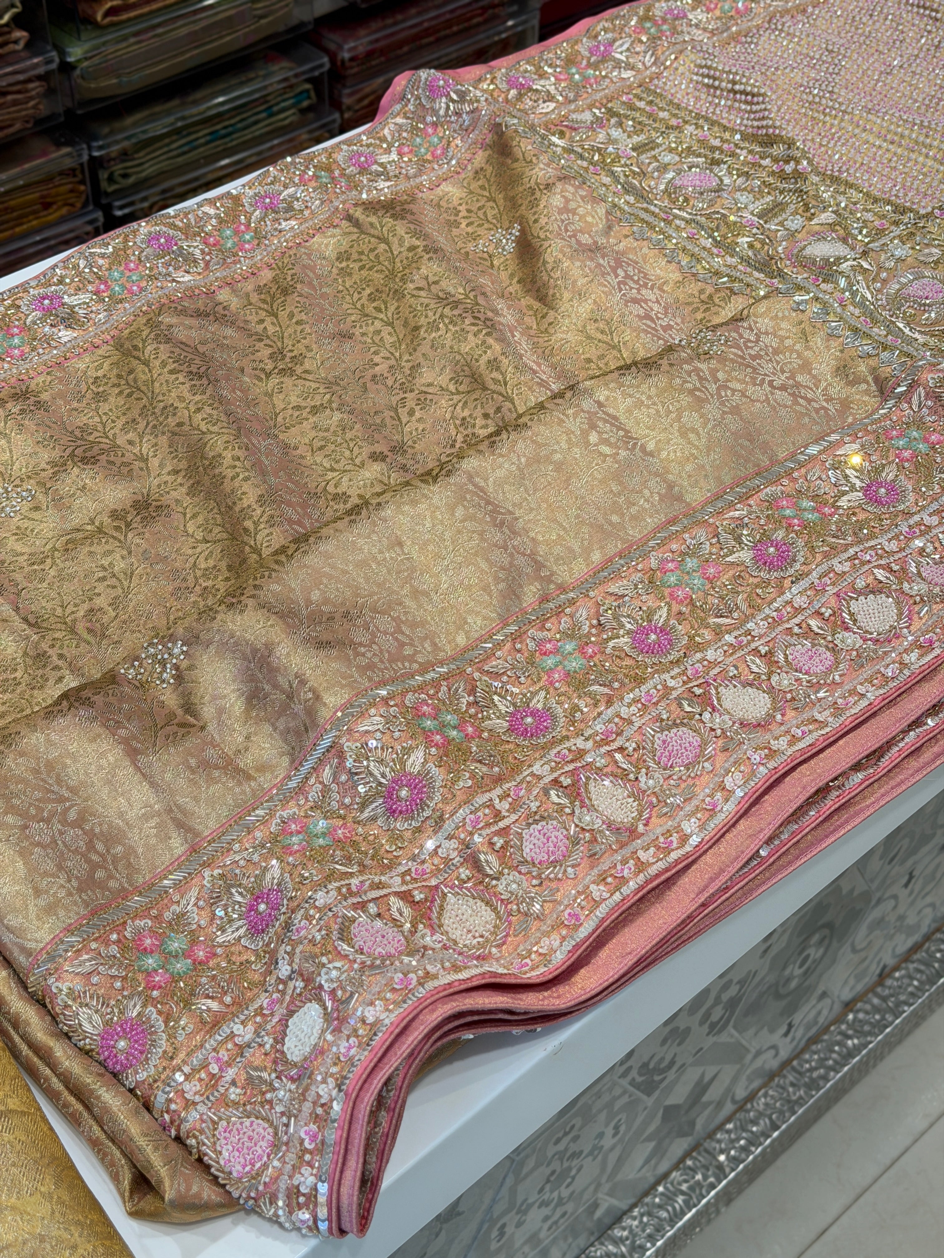 Golden Kanjivaram Moti Zardosi Hand Embroidery Saree