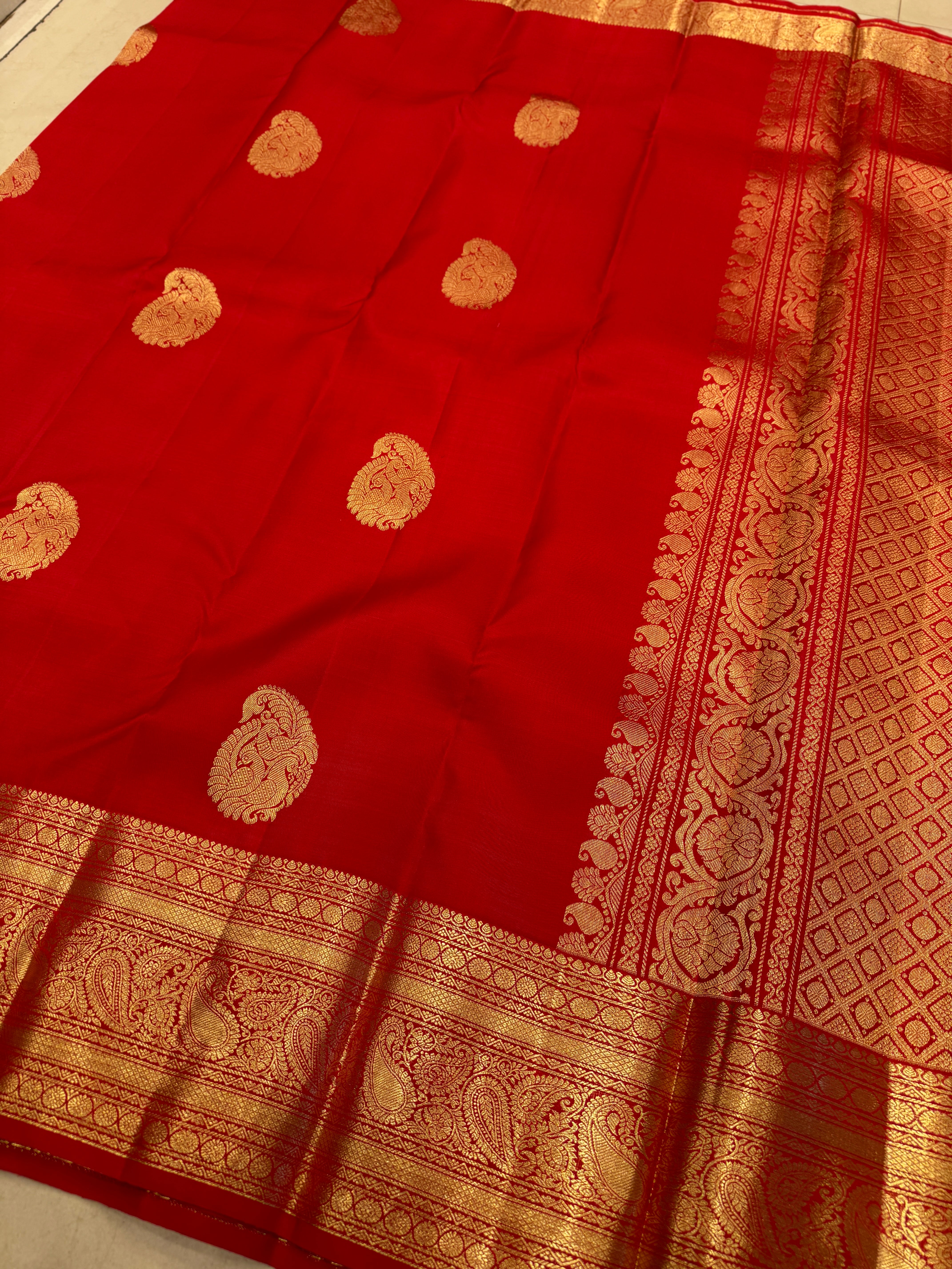 Red Peacock Motif Handloom Pure Silk Kanjivaram Saree