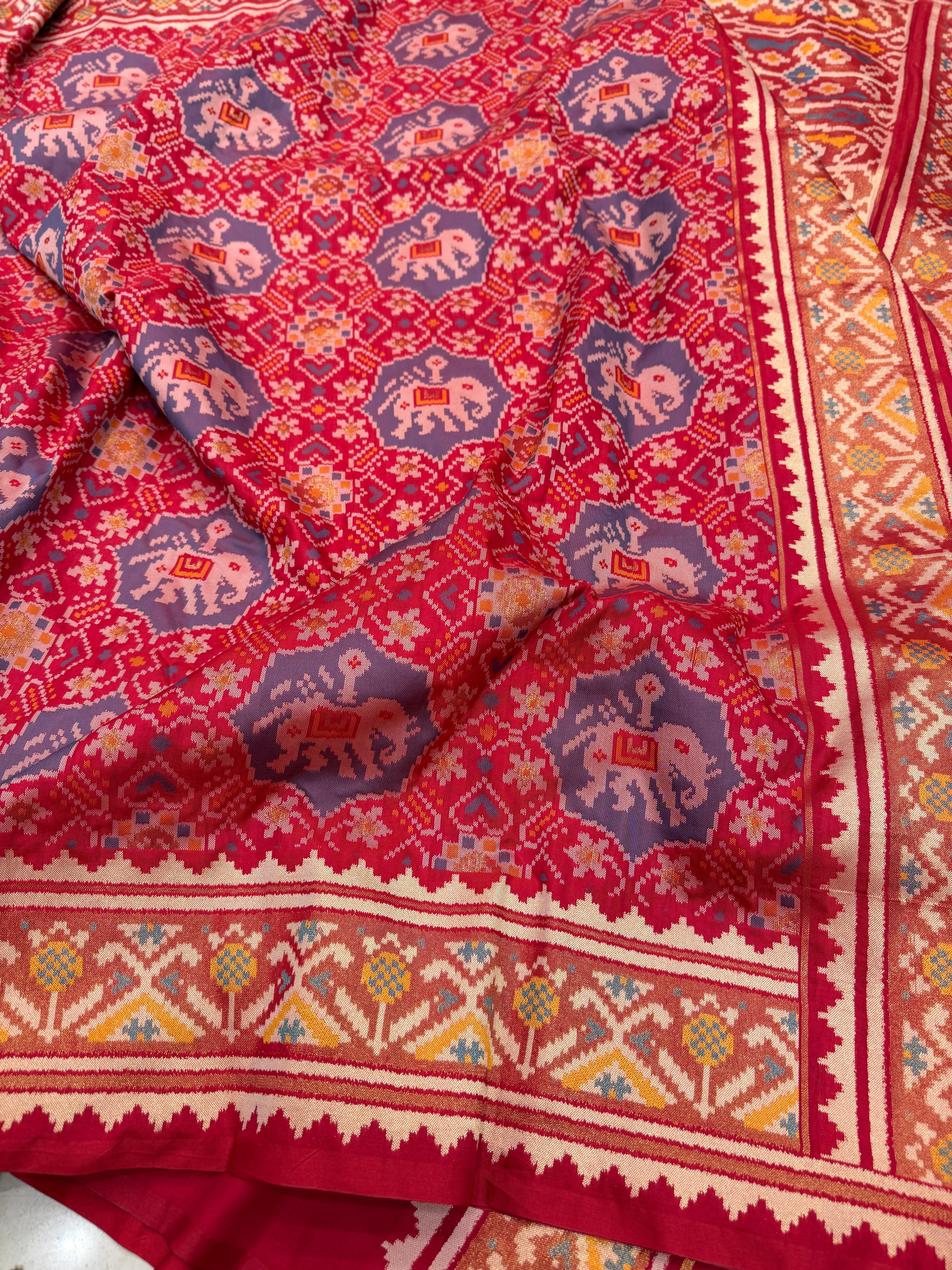Red Nari Kunjar Elephant Motif Semi Silk Weaved Patan Patola Saree