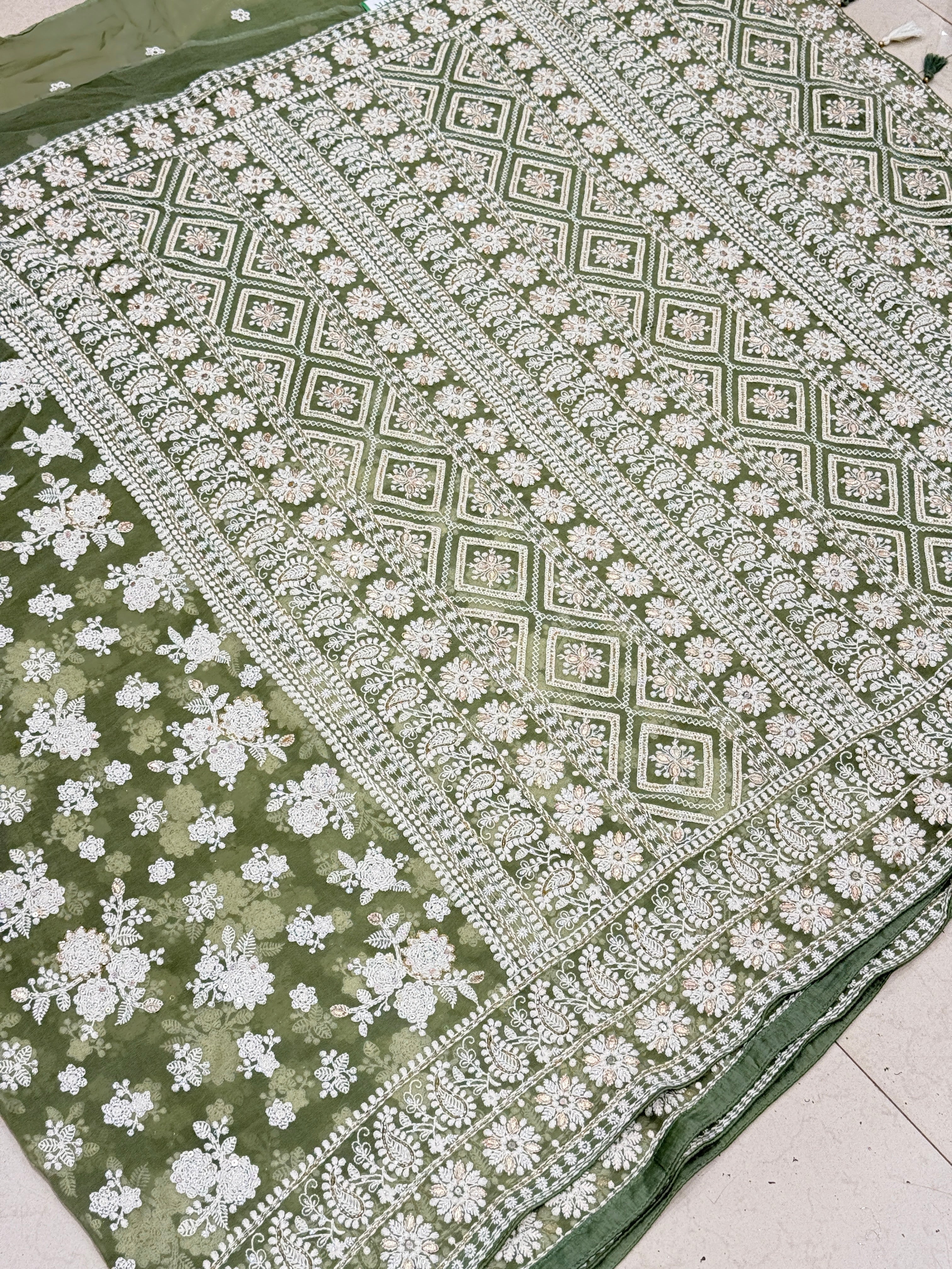Green Butta Chikankari on Georgette with Cutdana Hand Embroidery