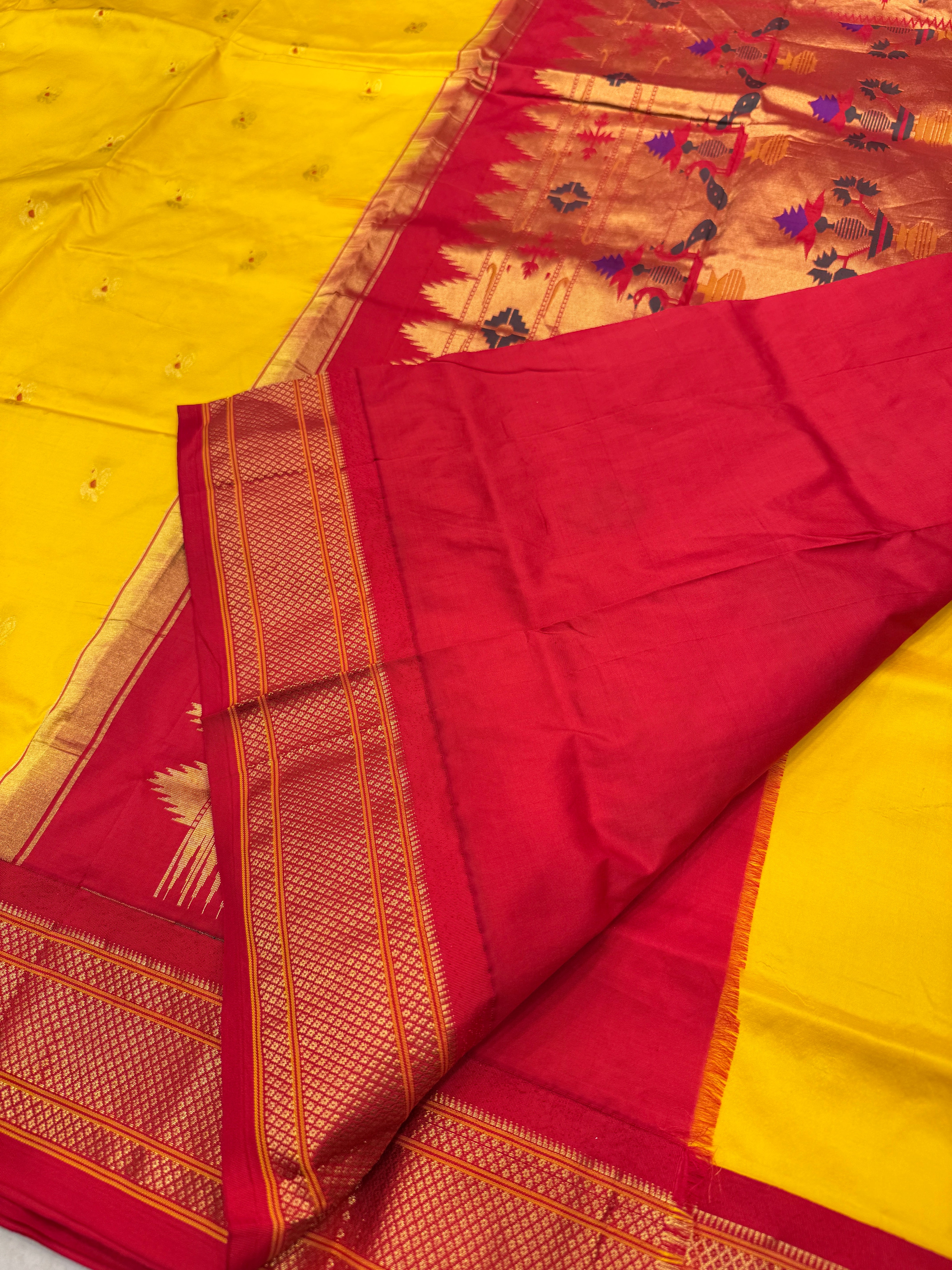 Yellow Red Morbangdi Paithani Saree