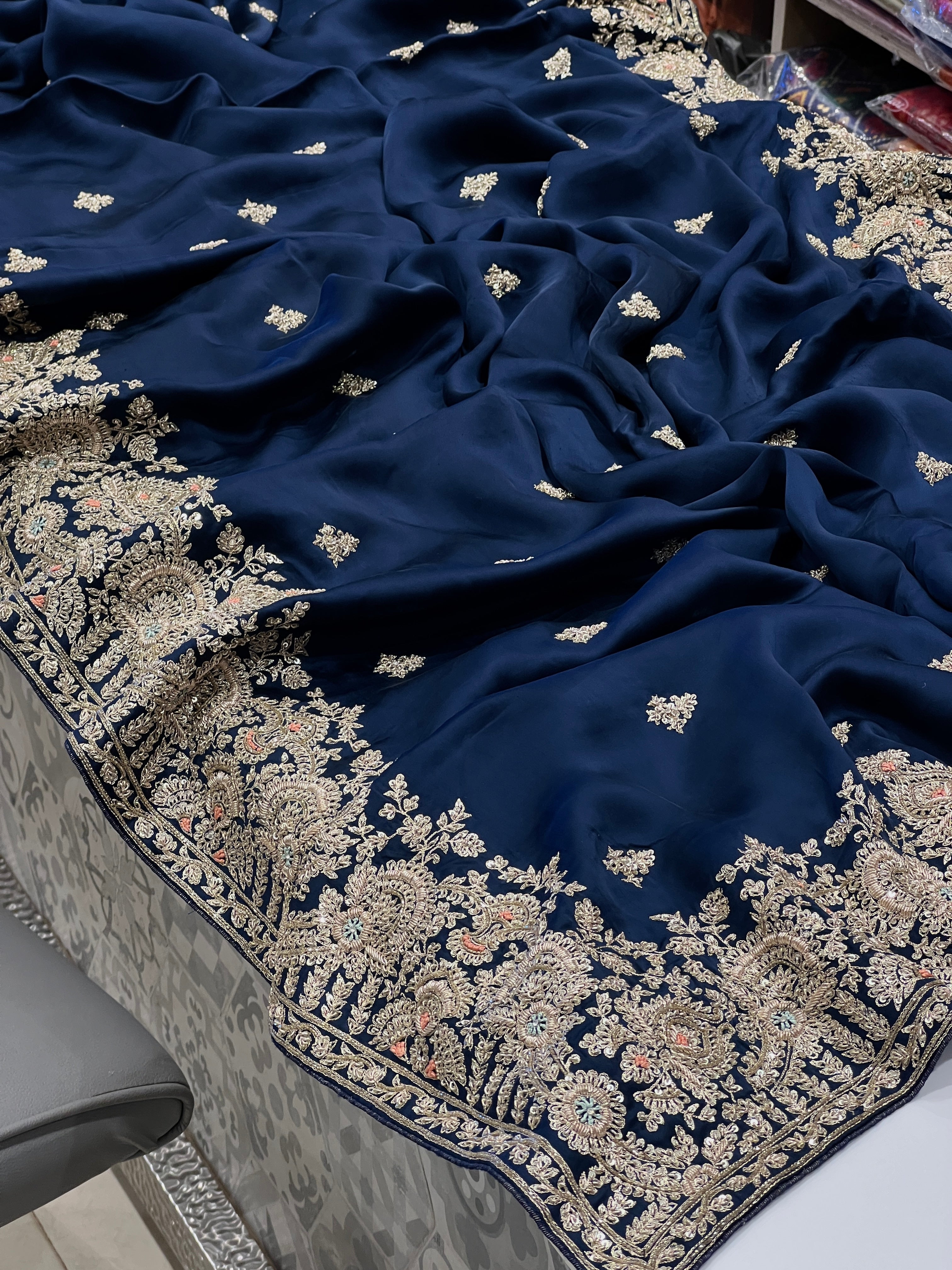 Navy Blue Satin Hand Embroidery Zardosi Saree