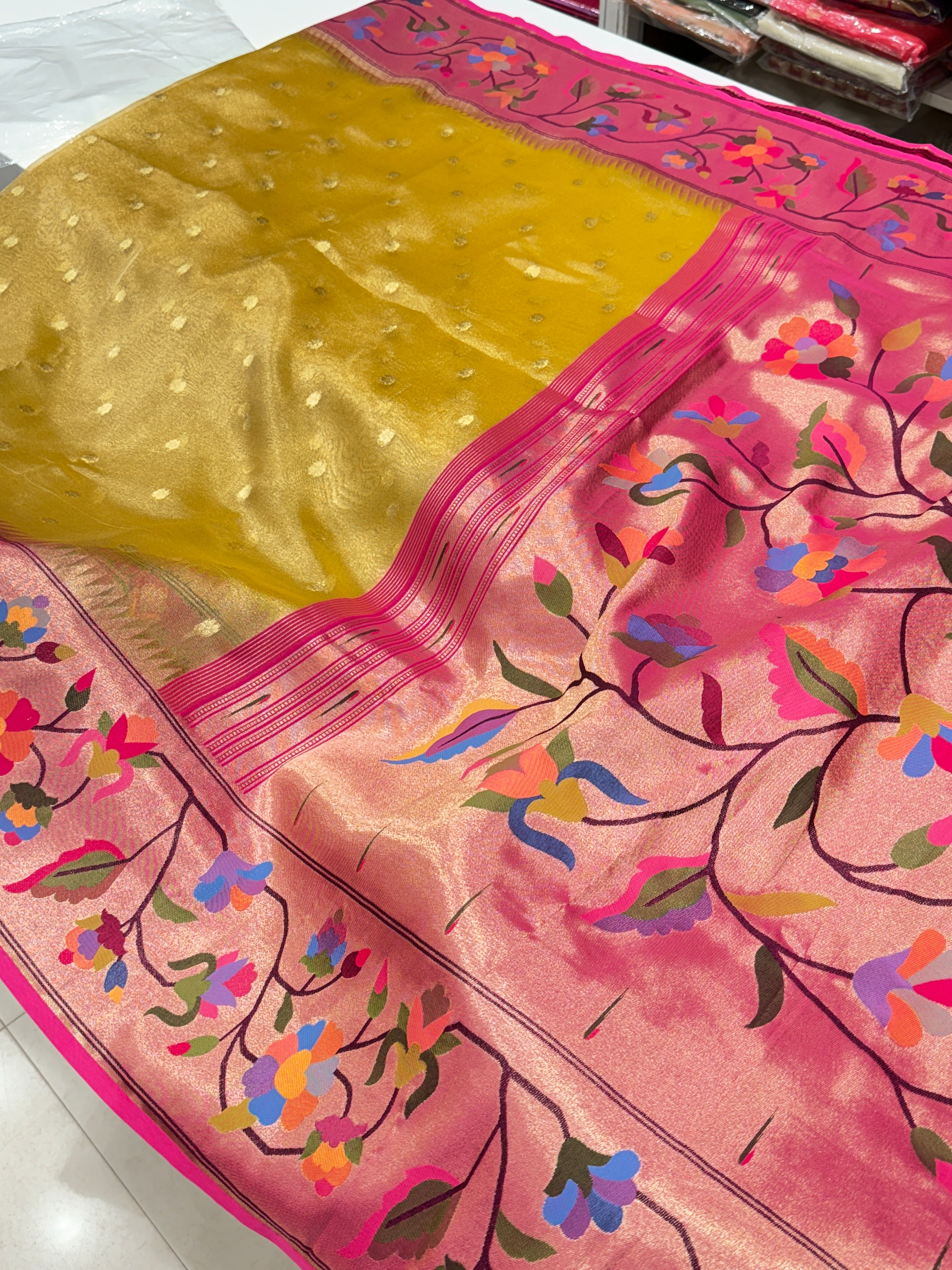 Tissue Paithani Yellow Rani Floral