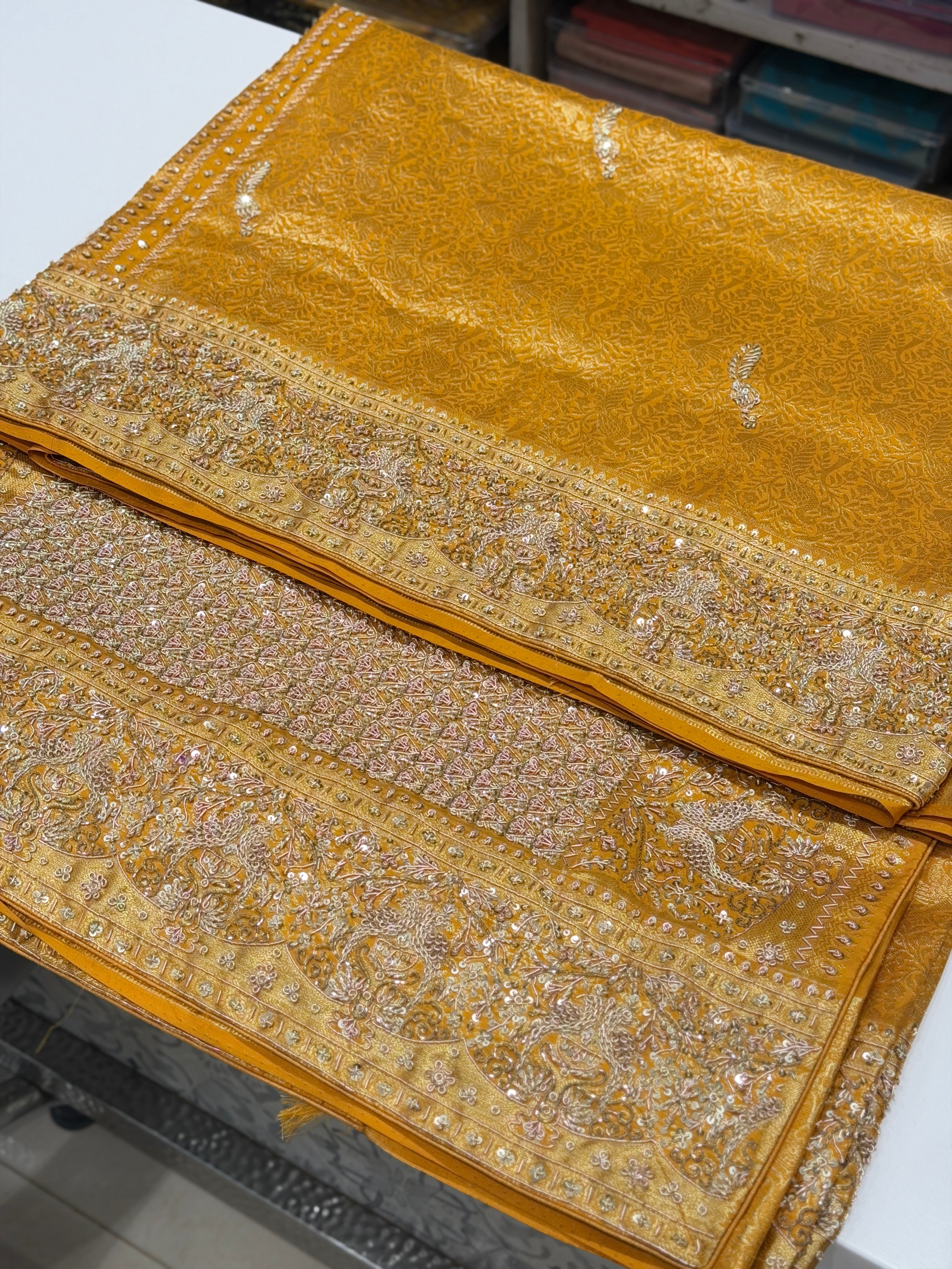 Mustard Yellow Kanjivaram Peacock Moti Hand Embroidery Zardosi Saree