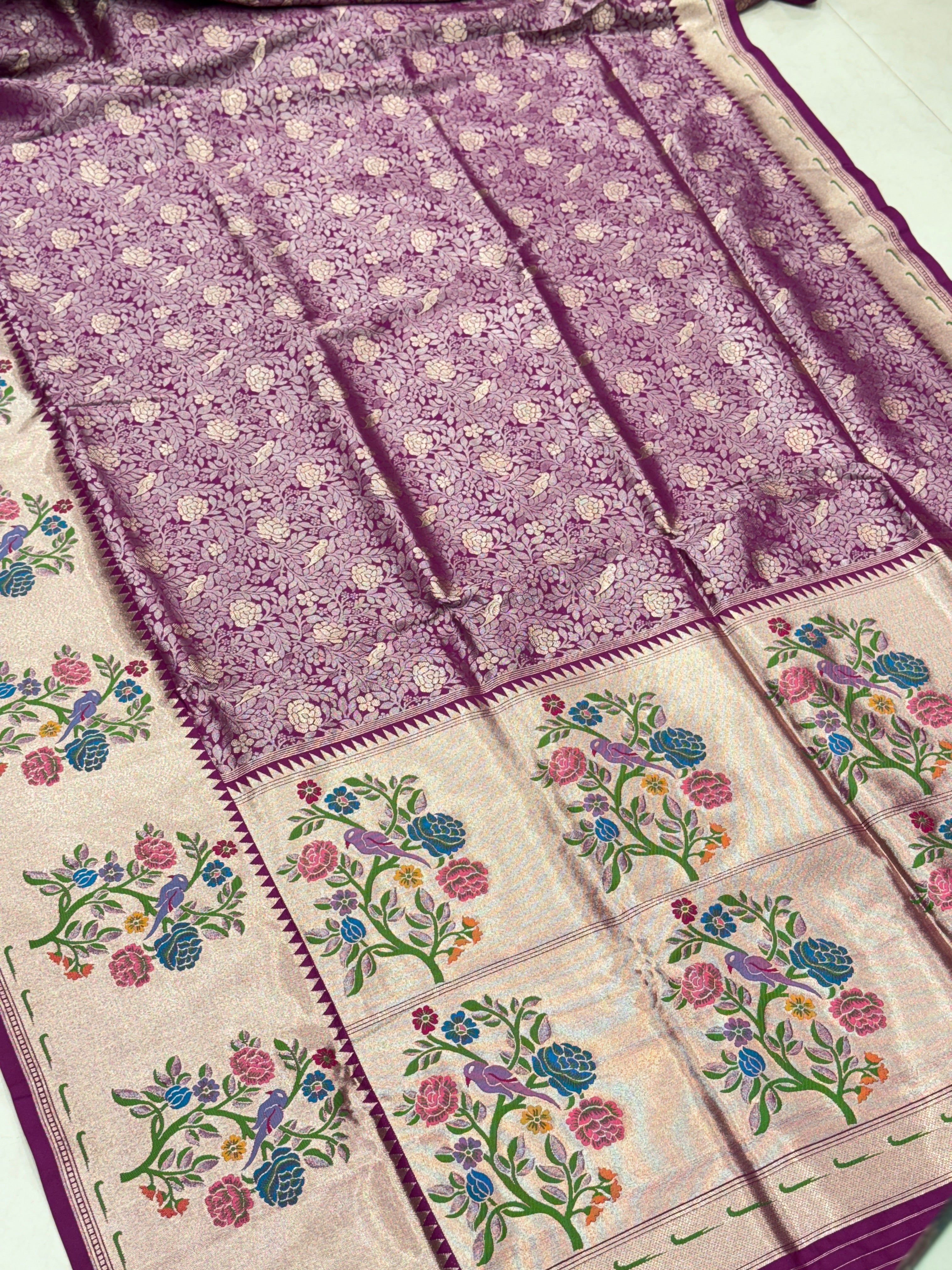 Wine Banarasi Silk Paithani Theme Saree