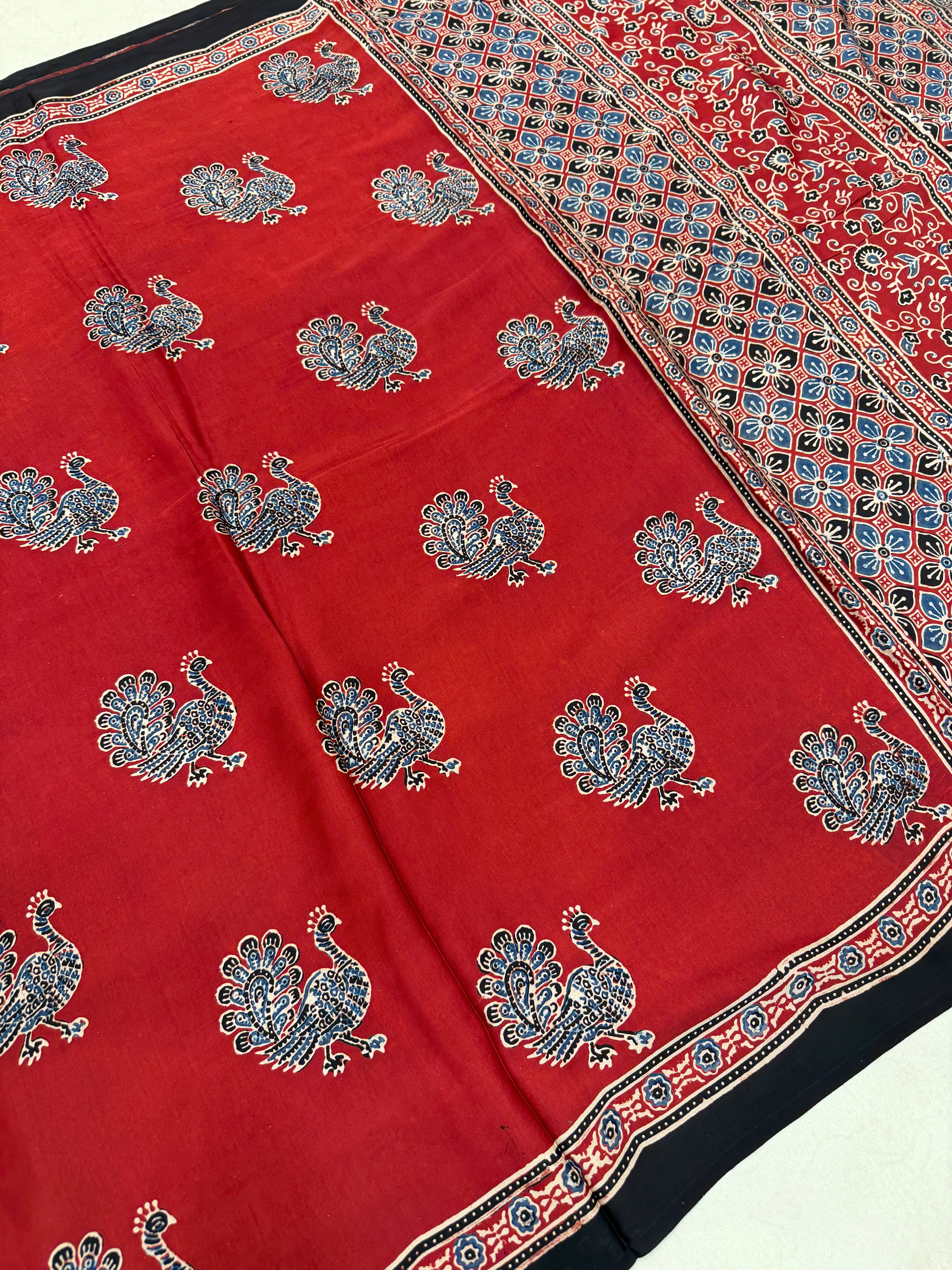 Red Peacock Motif Ajrakh Block Print Hand Pure Gajji Silk Saree