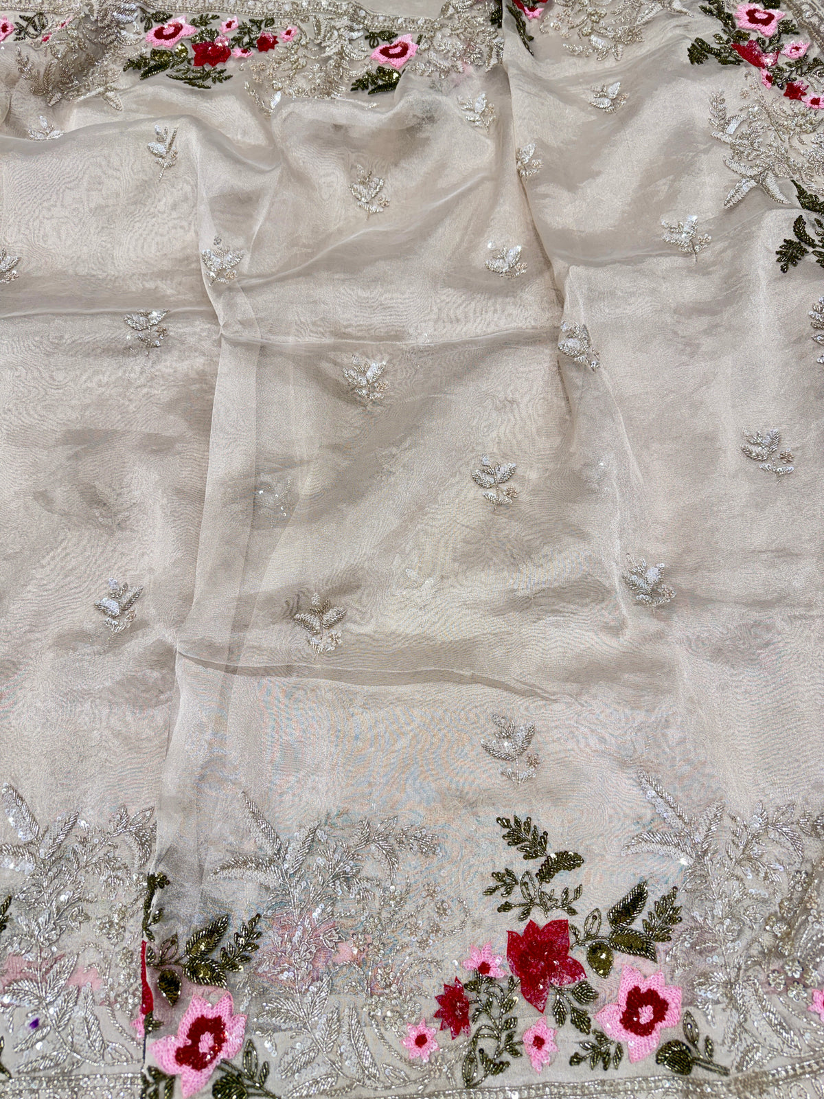 Silver Pure Tissue Silk Sequin Zardosi Three D Hand Embroidery Floral Border Saree