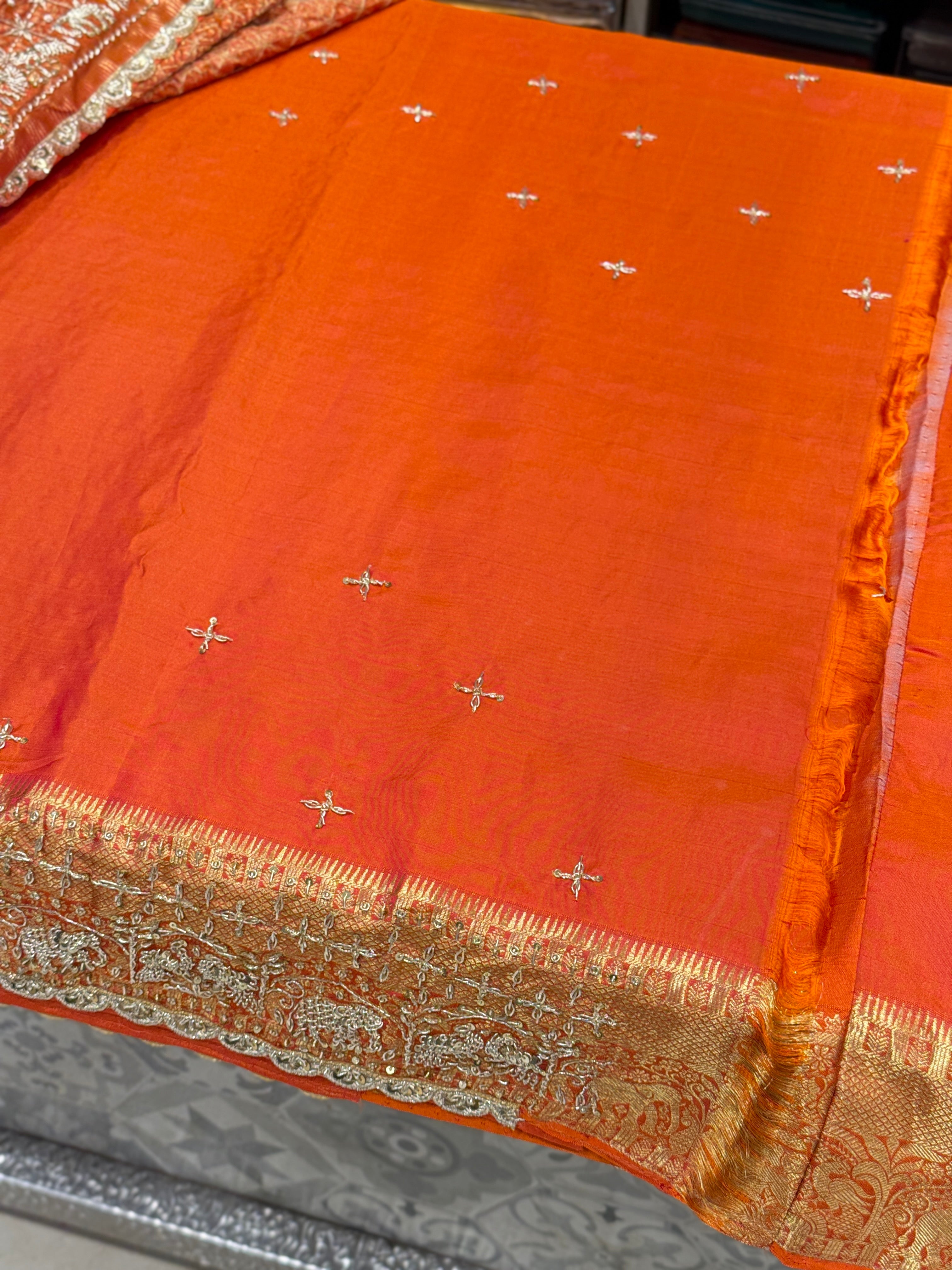 Orange Kanjivaram Peacock Motif Zardozi Hand Embroidery Saree