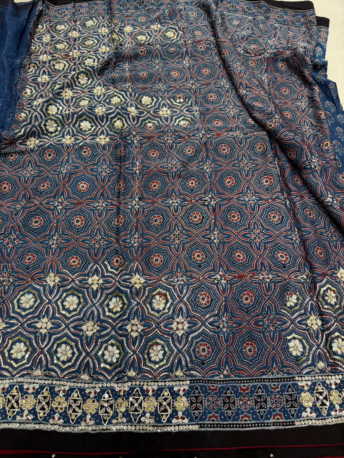 Blue Keri Butti Pita Sequin Ajrakh Hand Embroidery Saree