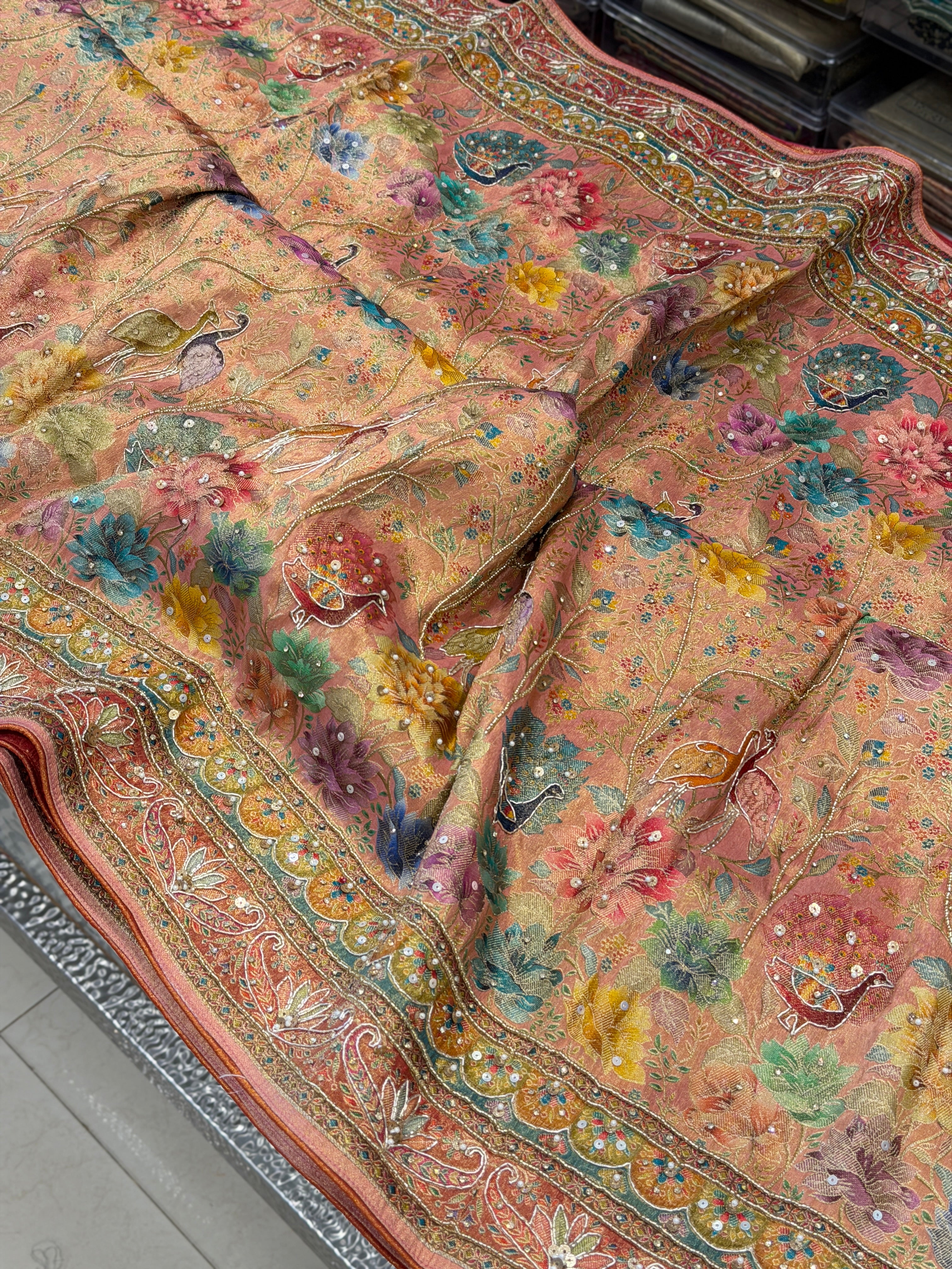 Pink Banarasi Crepe Tissue Landscape Weaved Hand Embroidery Saree