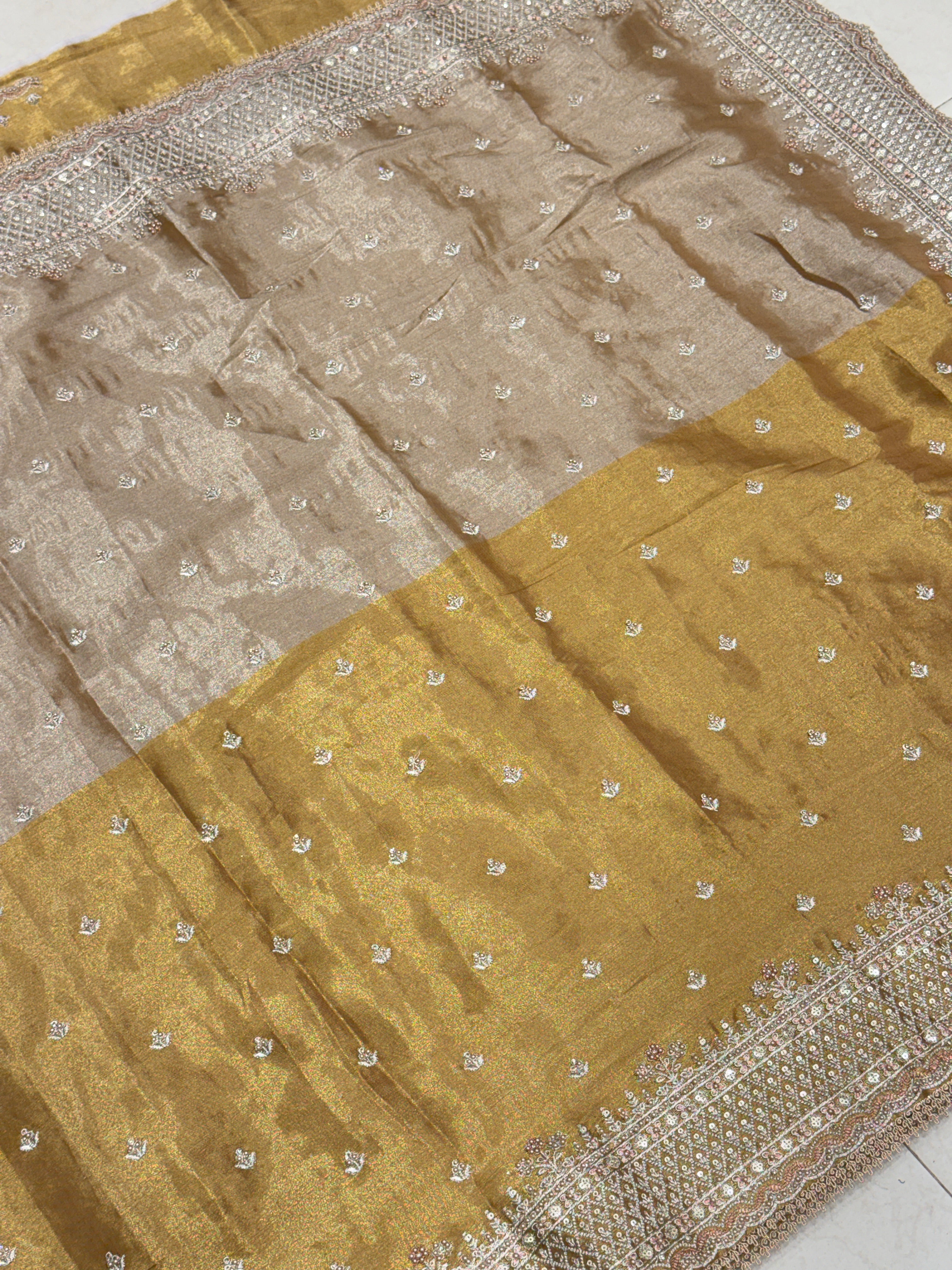 Golden Silver Soft Tissue Pita Embroidery Saree