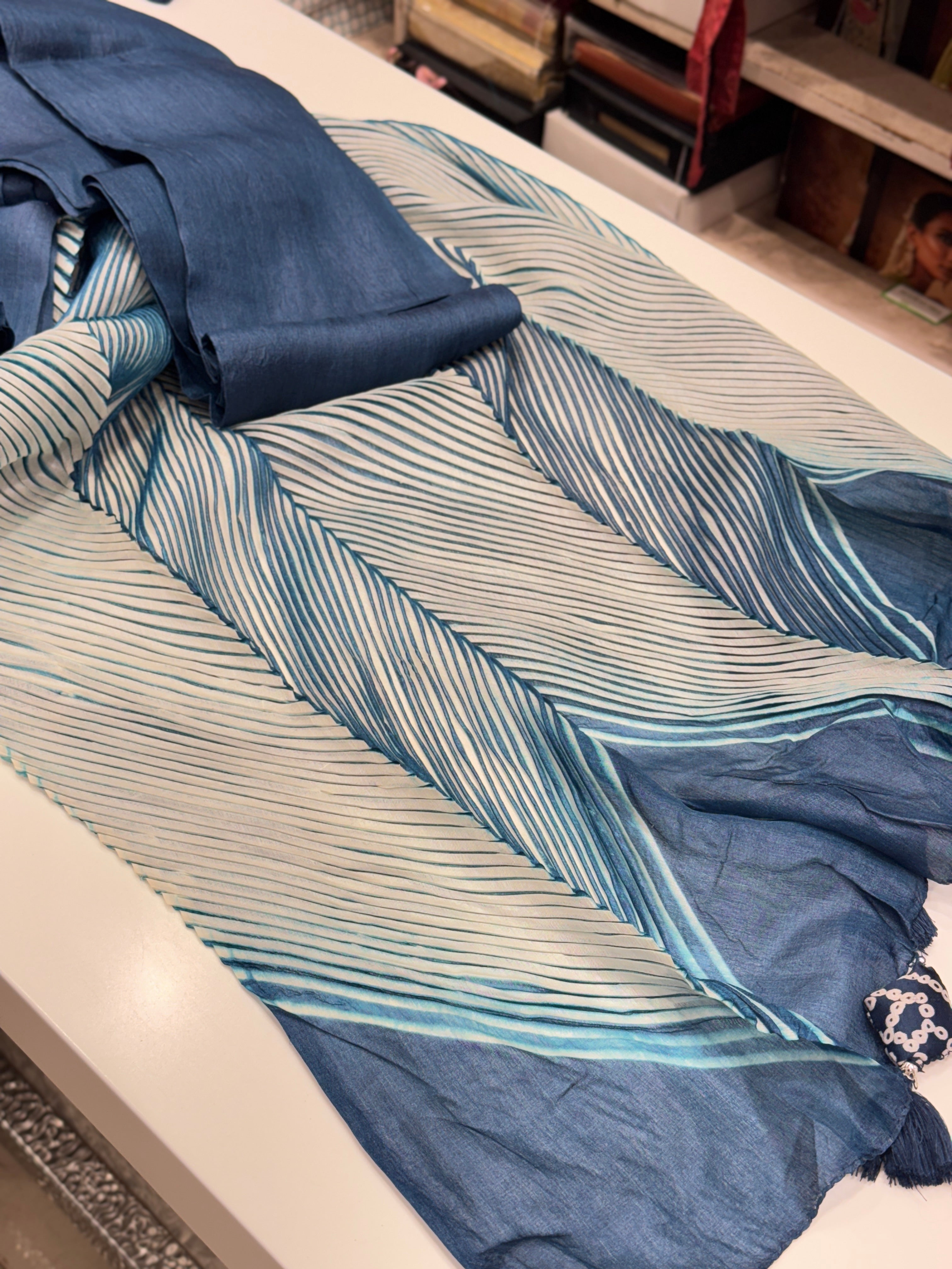 Blue Crushed Tussor with Ready Blouse Saree