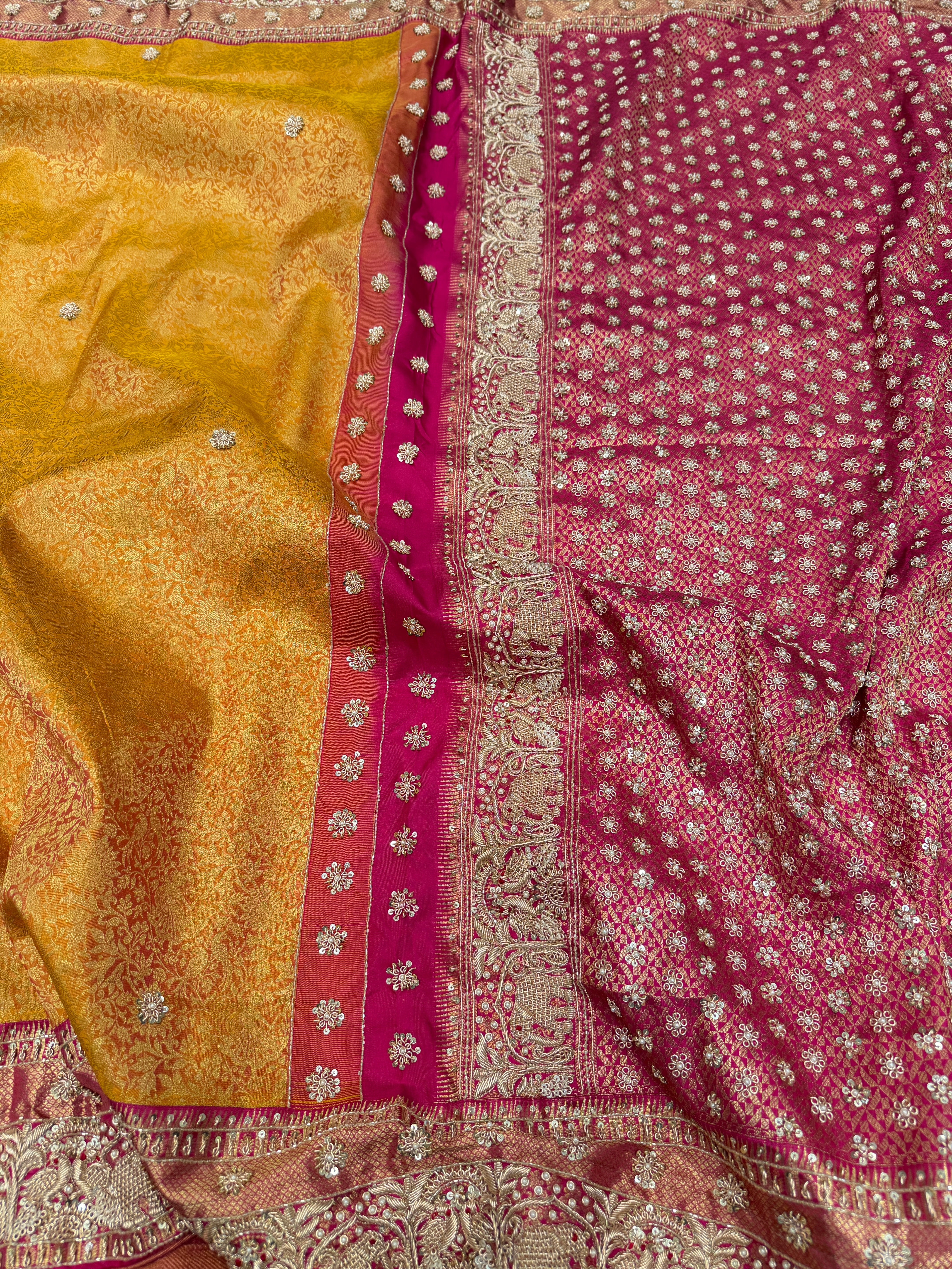 Mustard Yellow Kanjivaram Elephant Motifs Zardosi Hand Embroidery Saree
