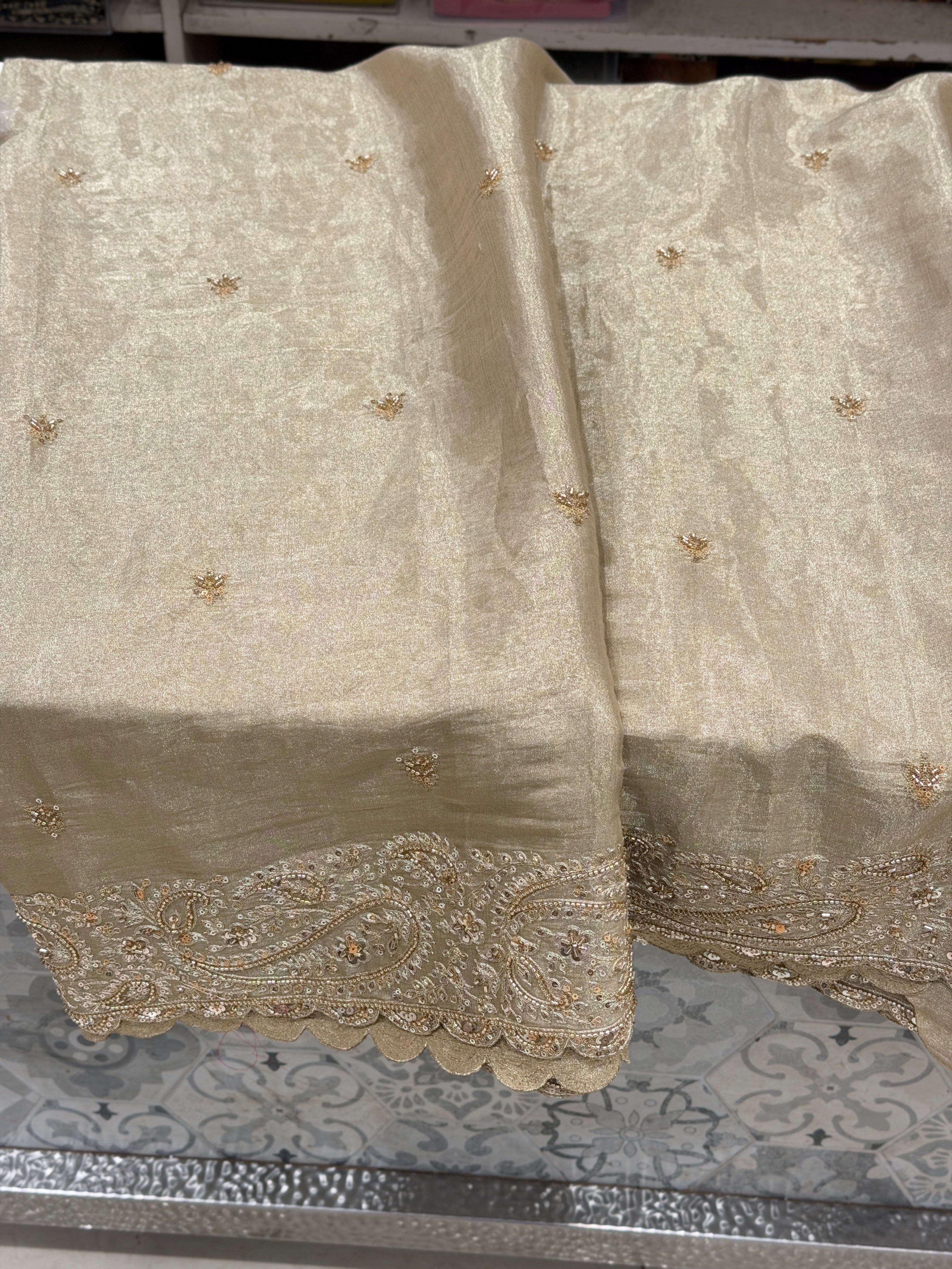 Light Golden Tissue Cutdana Moti Embroidery Saree