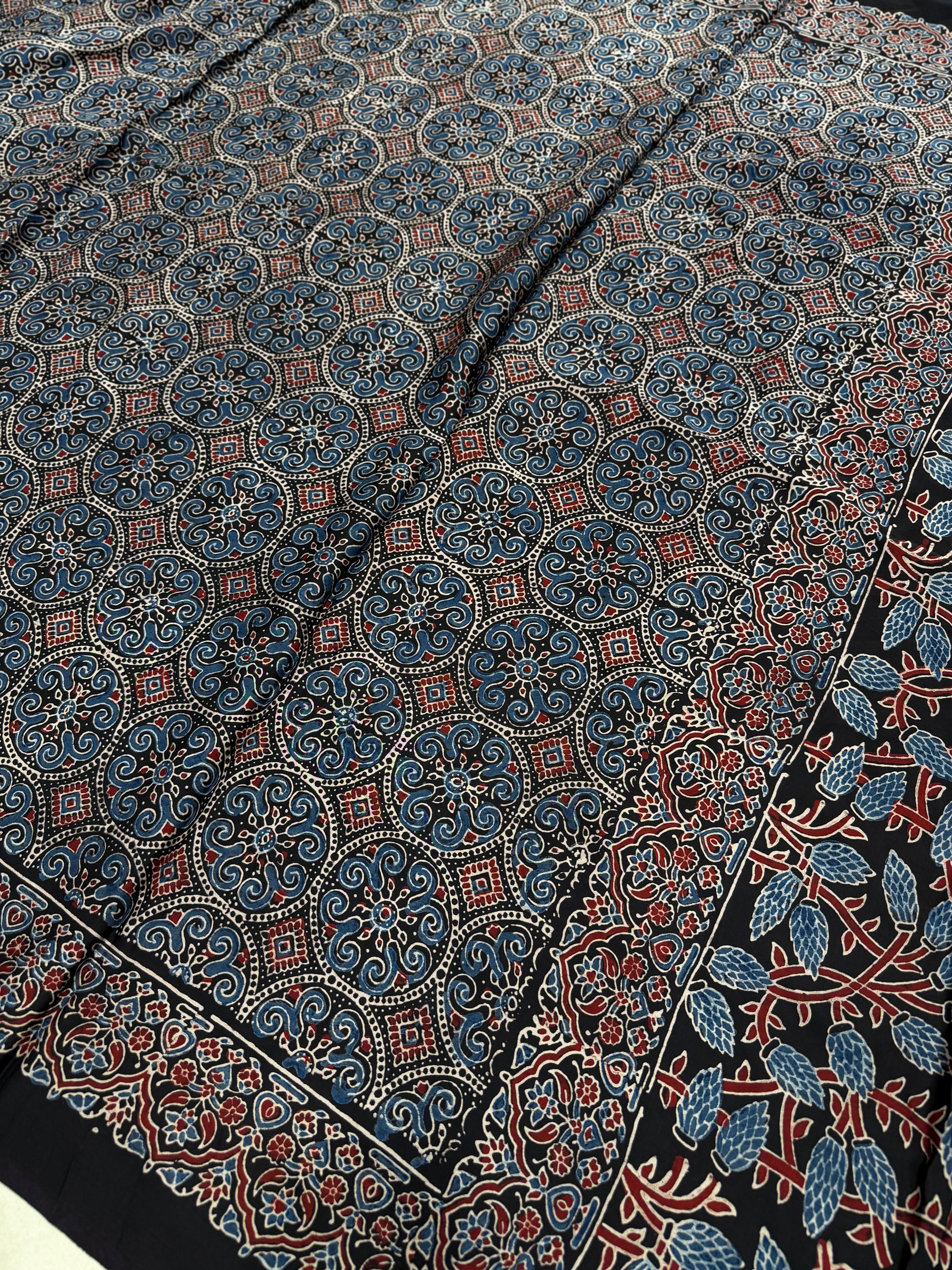 Black Gol Jaal Ajrakh Hand Block Print Pure Gajji Silk Saree