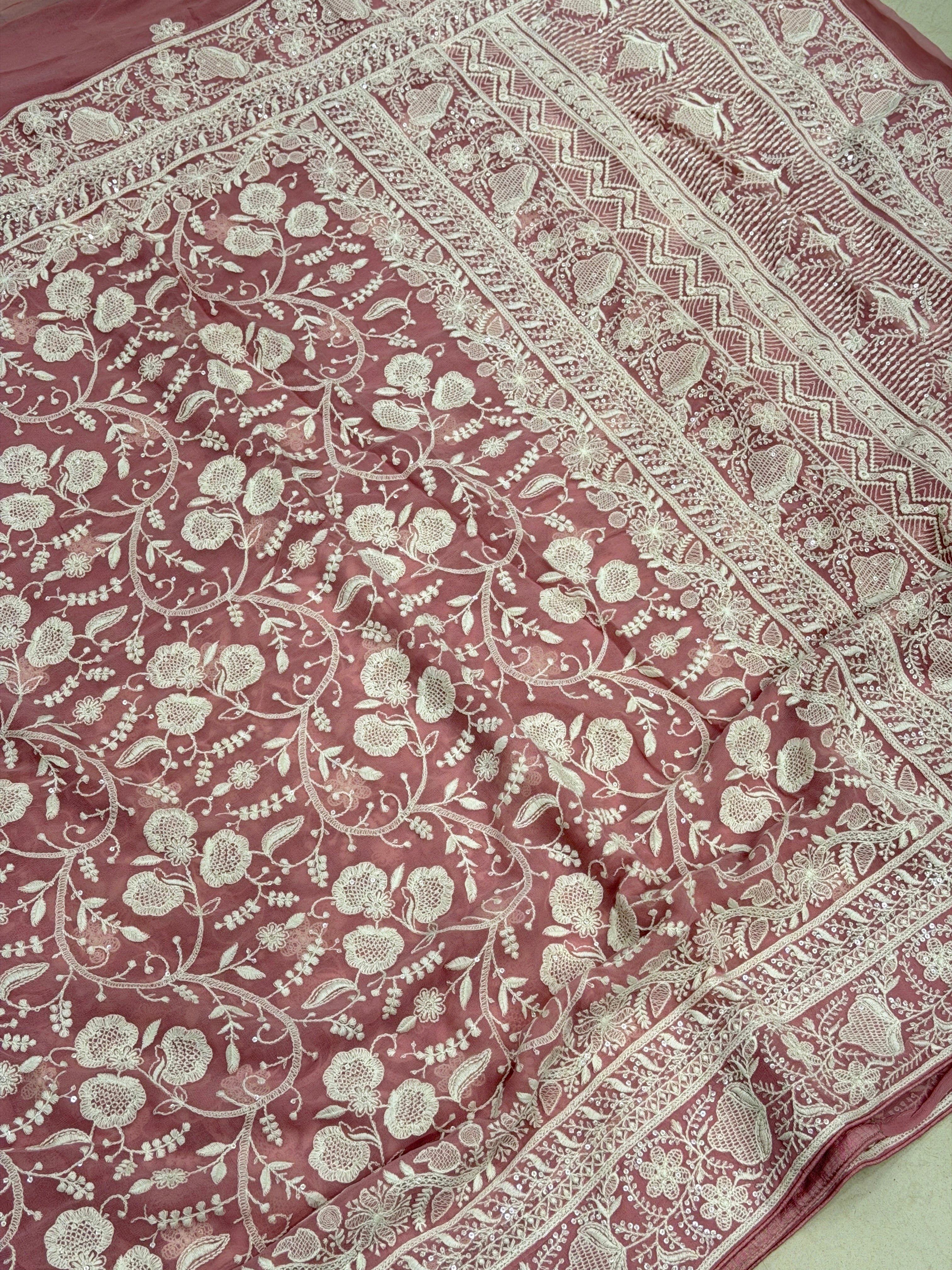 Pink Georgette Chikankari Resham Saree