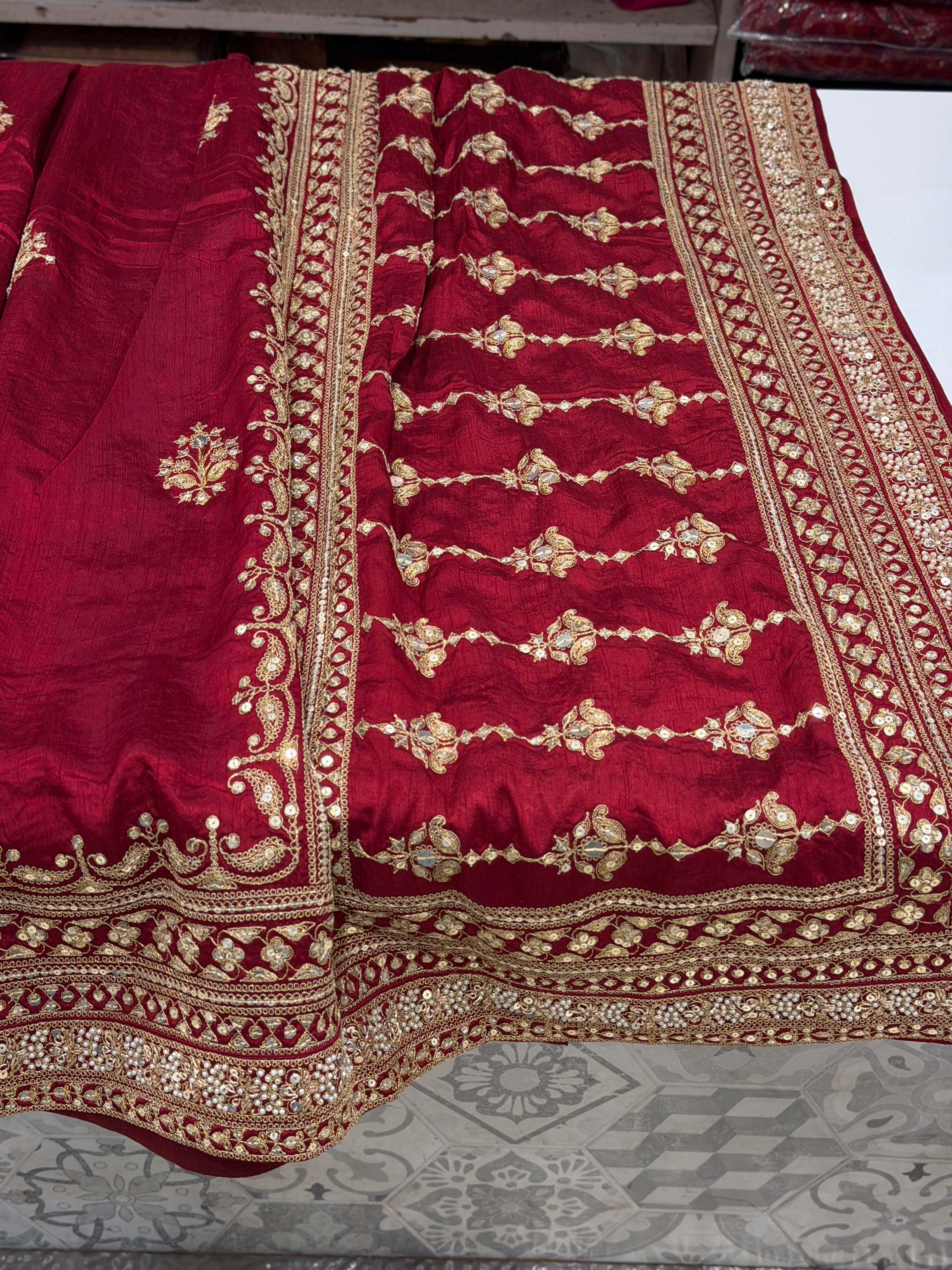 Maroon Pure Silk Sabyasachi Inspired Marodi Sequin Jaal Pallu Butti Saree