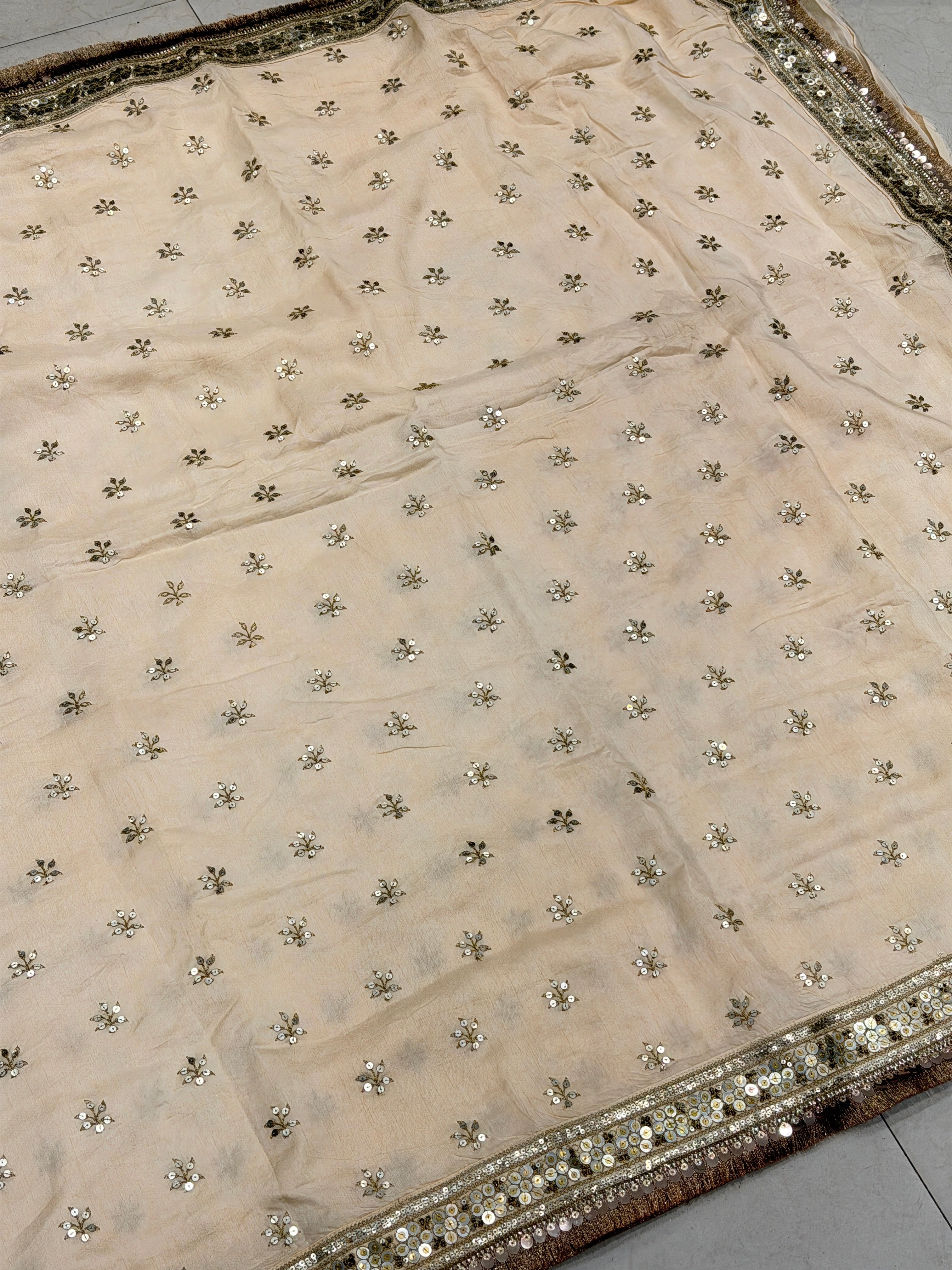 Beige Pure Silk Sabyasachi Inspired Marodi Sequin Butti Saree