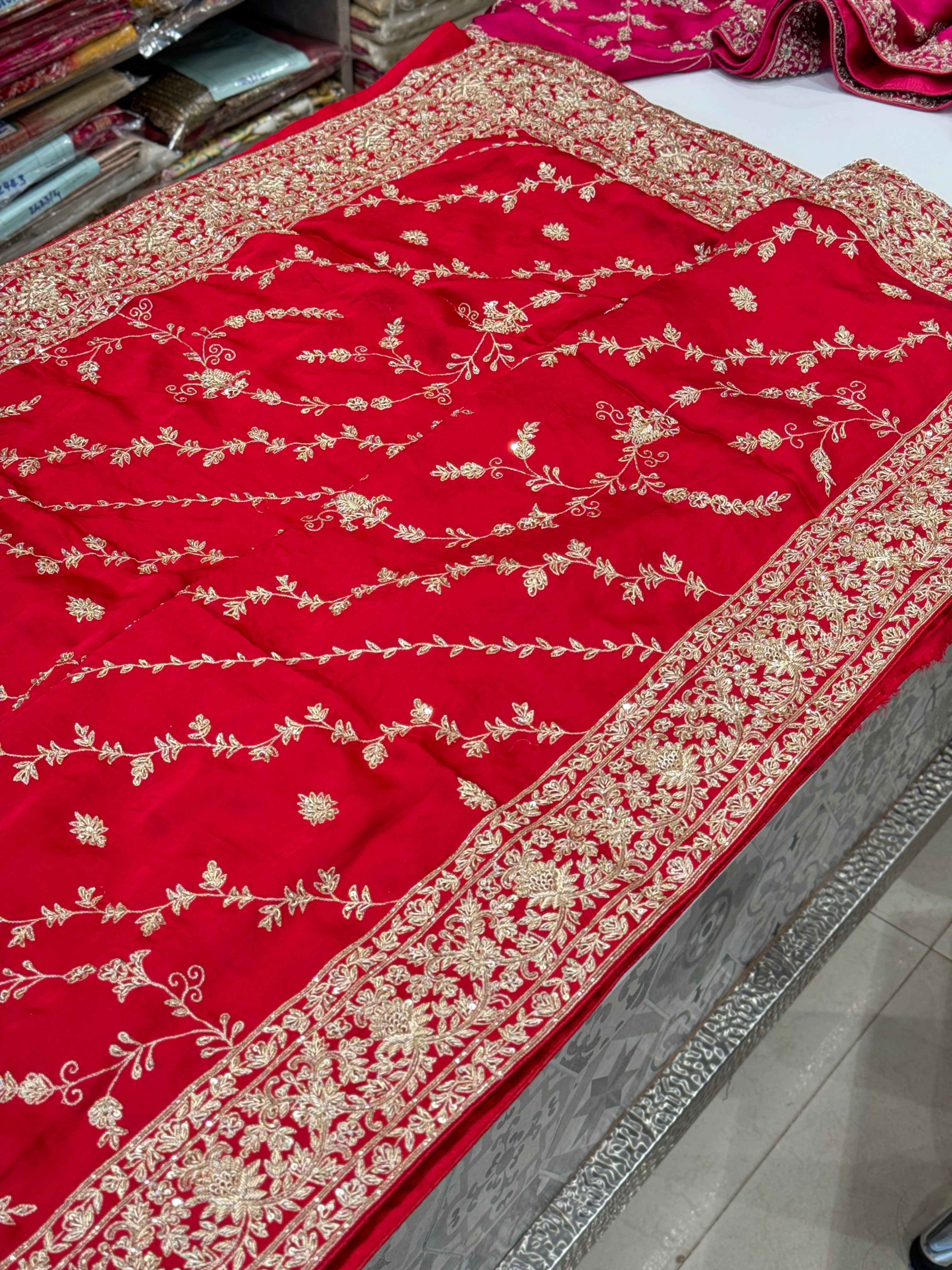 Red Leheriya Jaal Satin Hand Embroidery Zardosi Saree