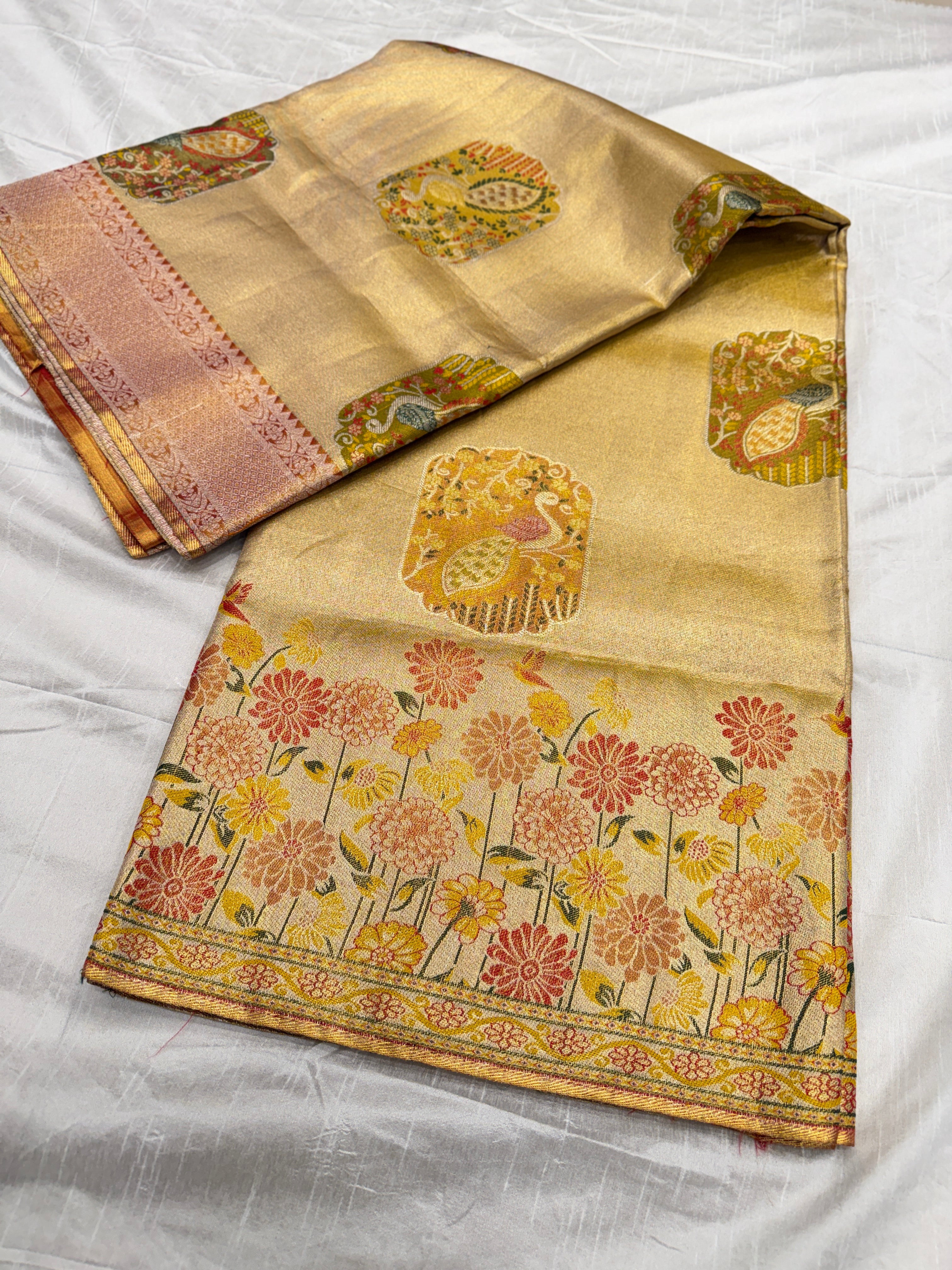 Rust Meenakari Peacock Motif Handloom Kanjivaram Tissue Silk Saree