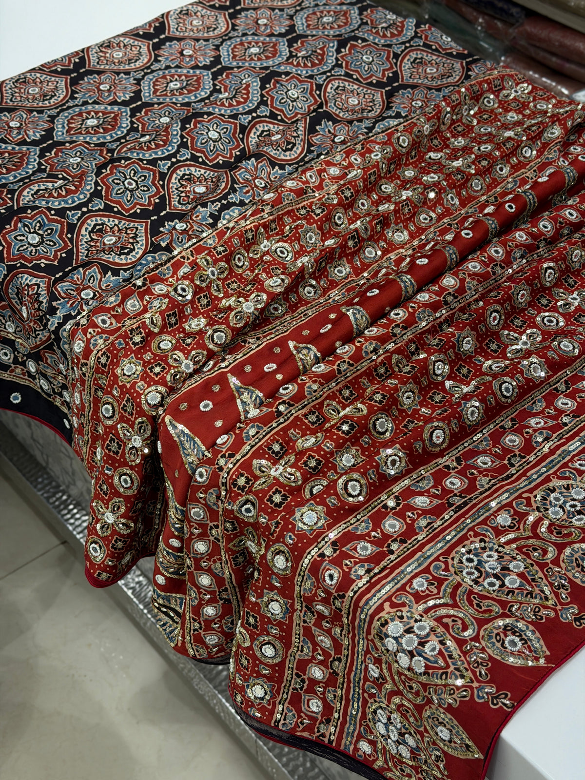 Black Red Badam Jaal Ajrakh Real Mirror Moti Sequin Hand Embroidery Saree