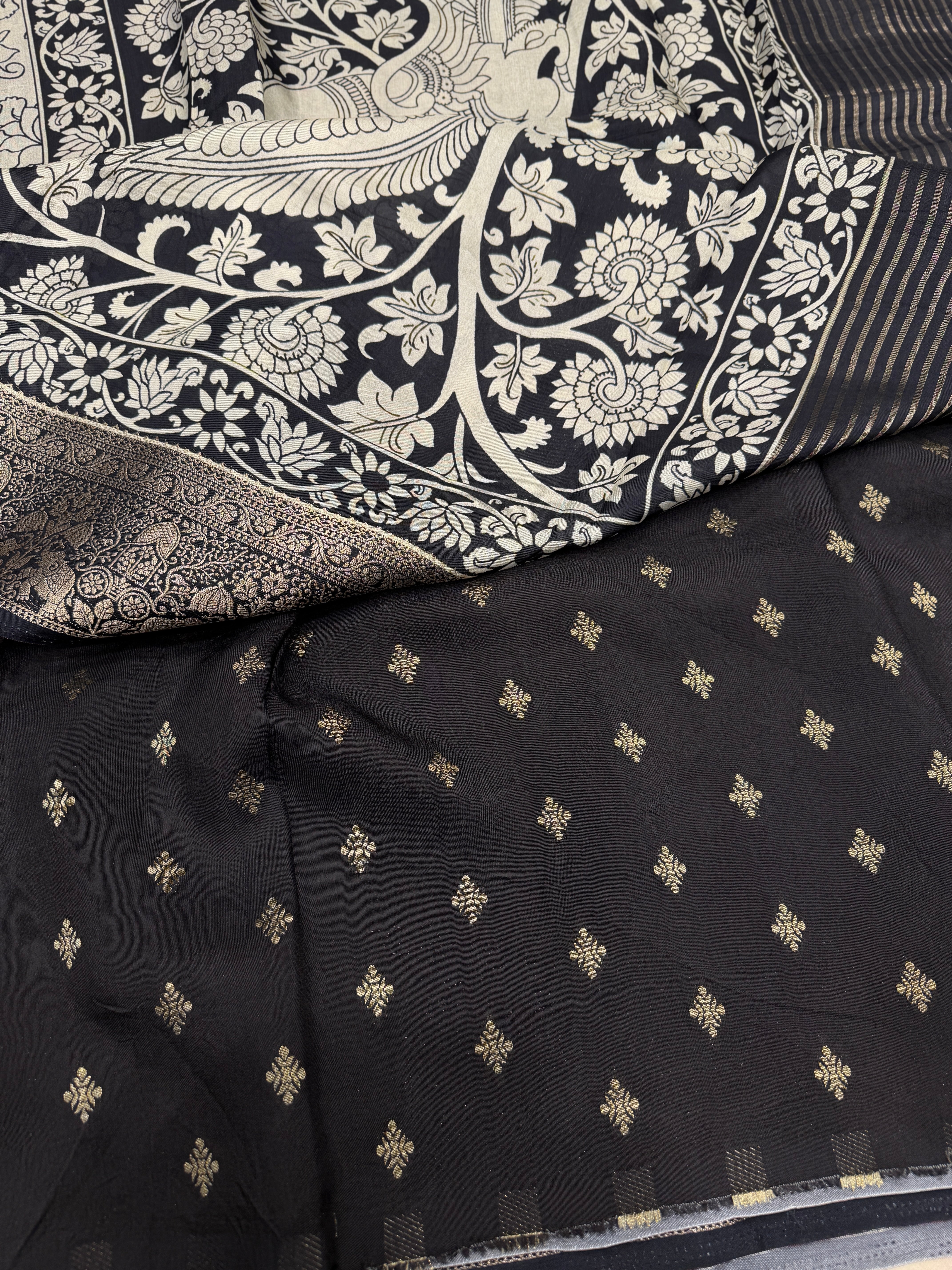 White and Black Printed Kalamkari Munga Silk Saree