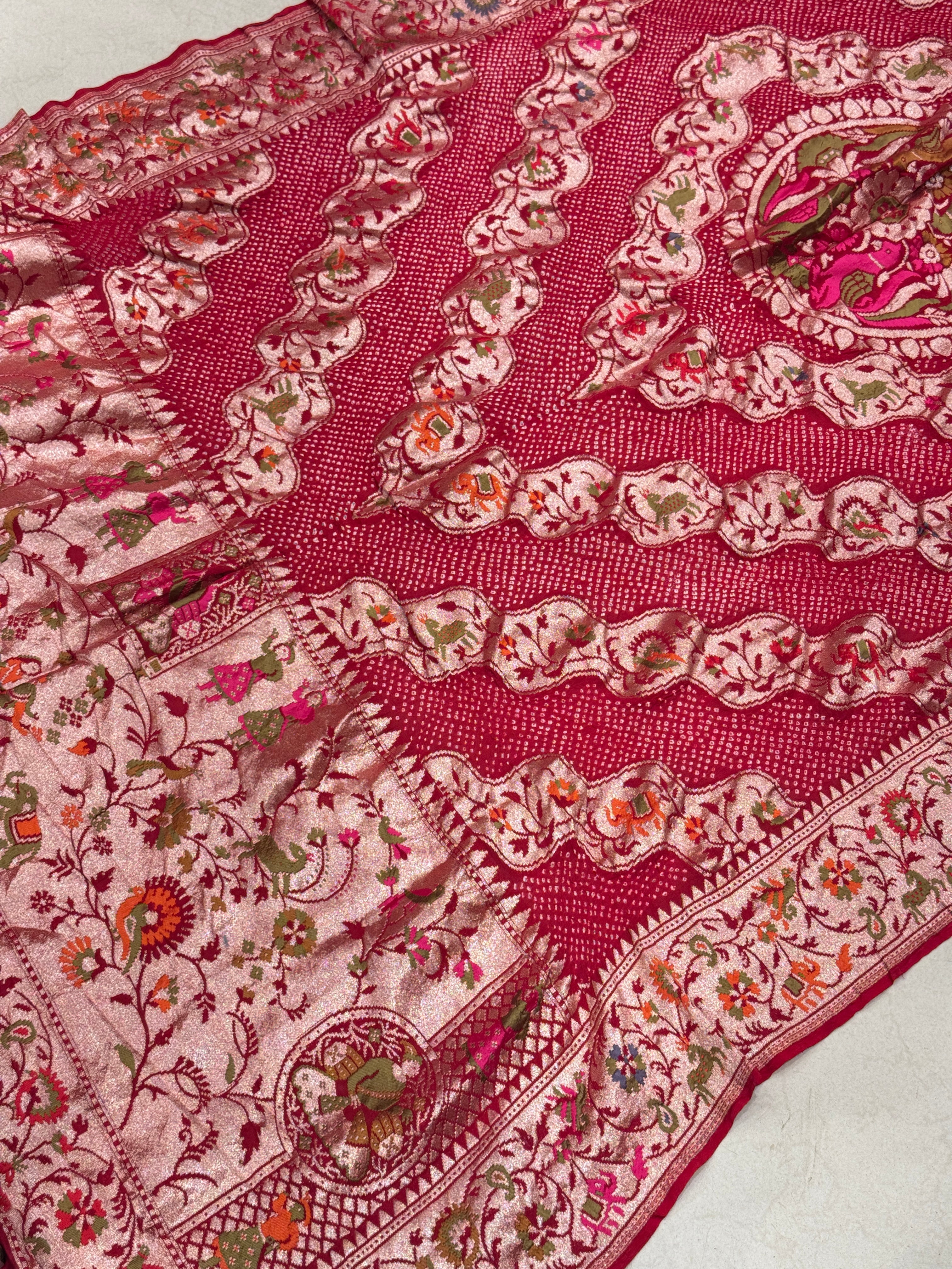 Red Leheriya Style Handloom Meenakari Rai Bandhej Pure Zari Dupatta