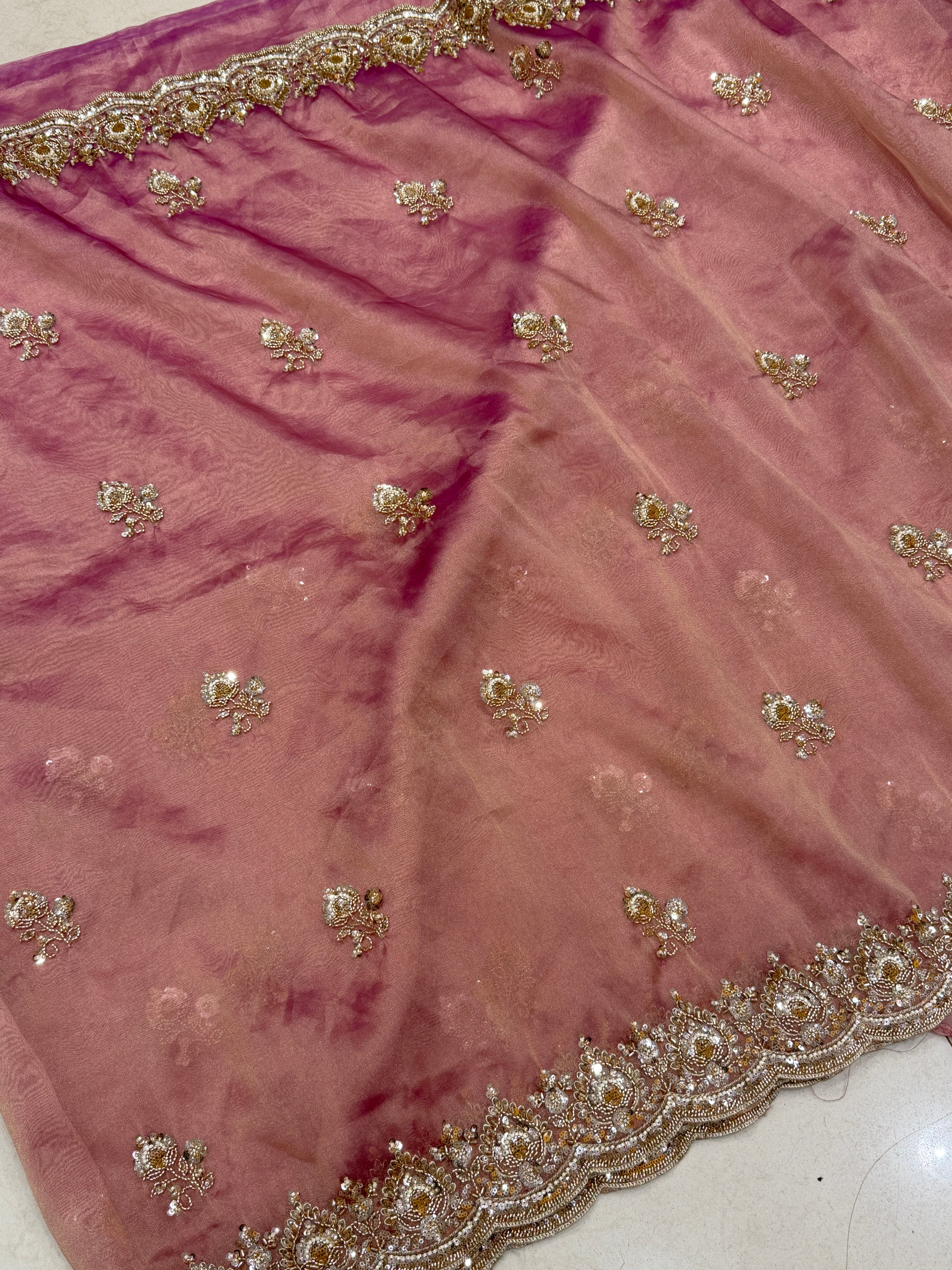 Pink Tissue Organza Moti Sequin Embroidery Heavy Blouse Saree
