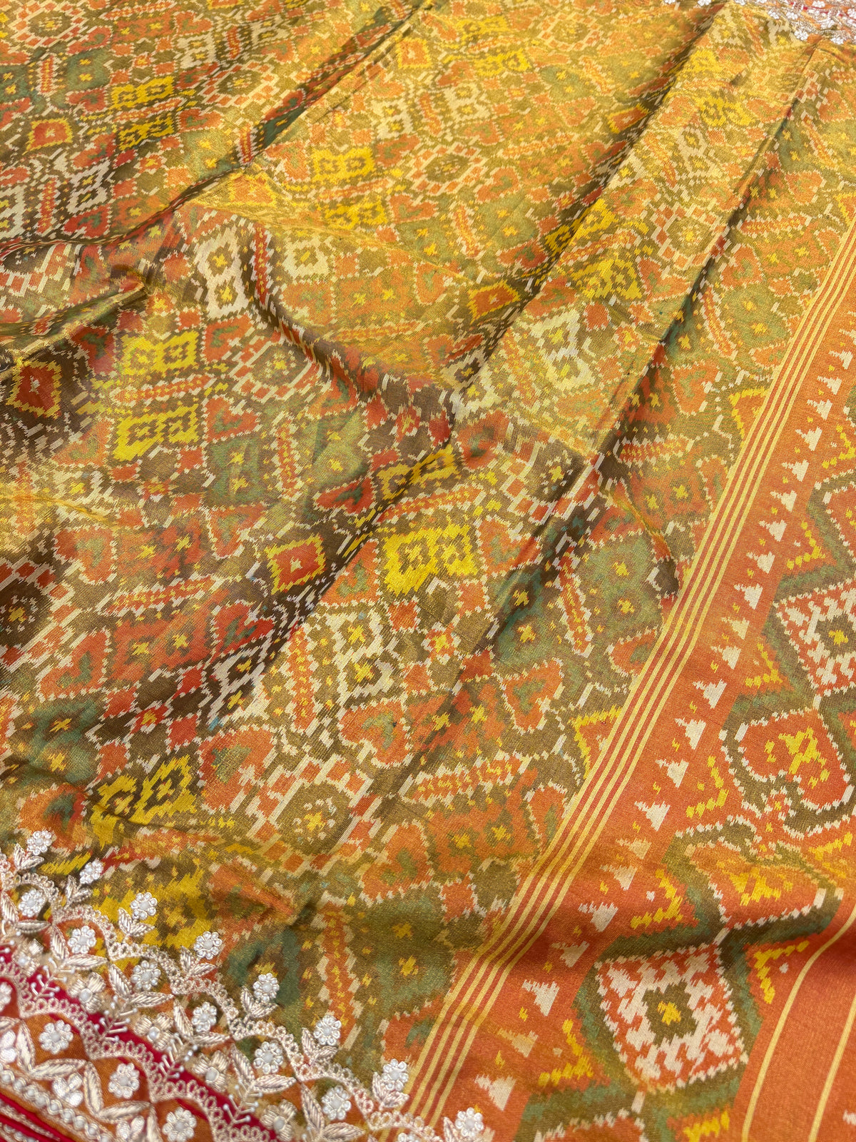 Mustard Tissue Patan Patola Zardosi Hand Embroidery Saree