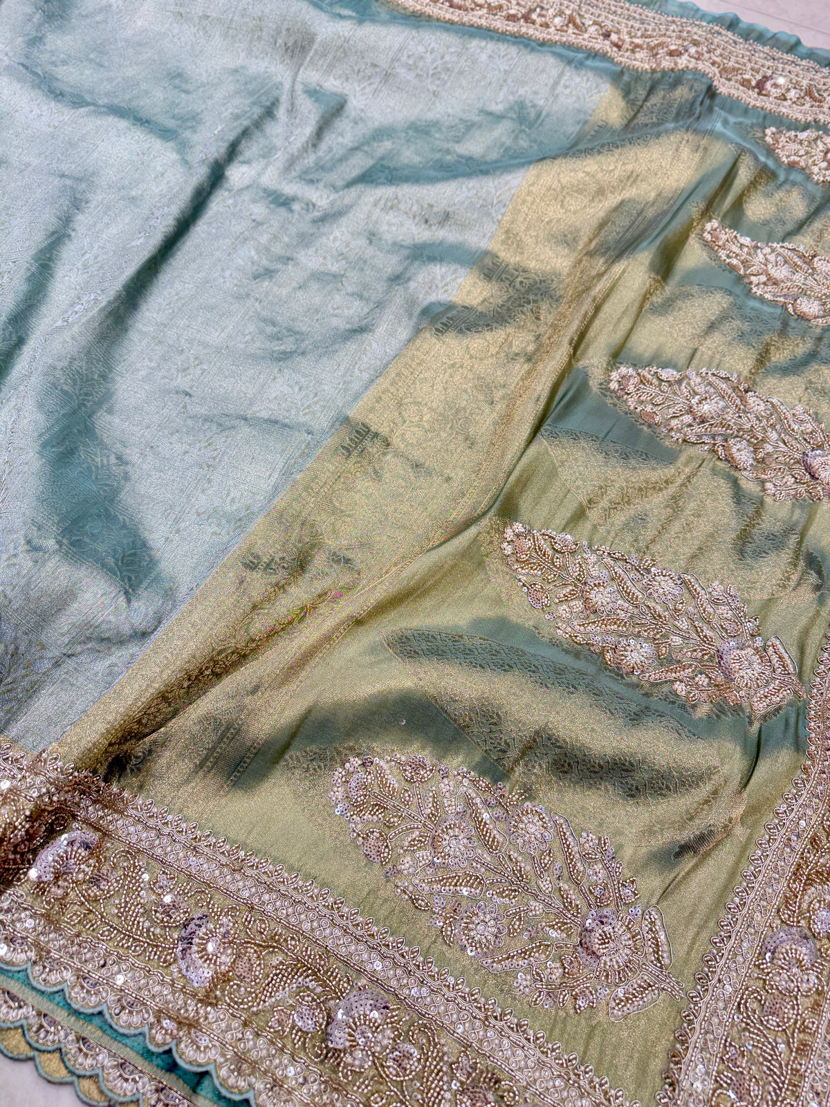 Sea Green Woven Tissue Silk Moti Sequin Saree