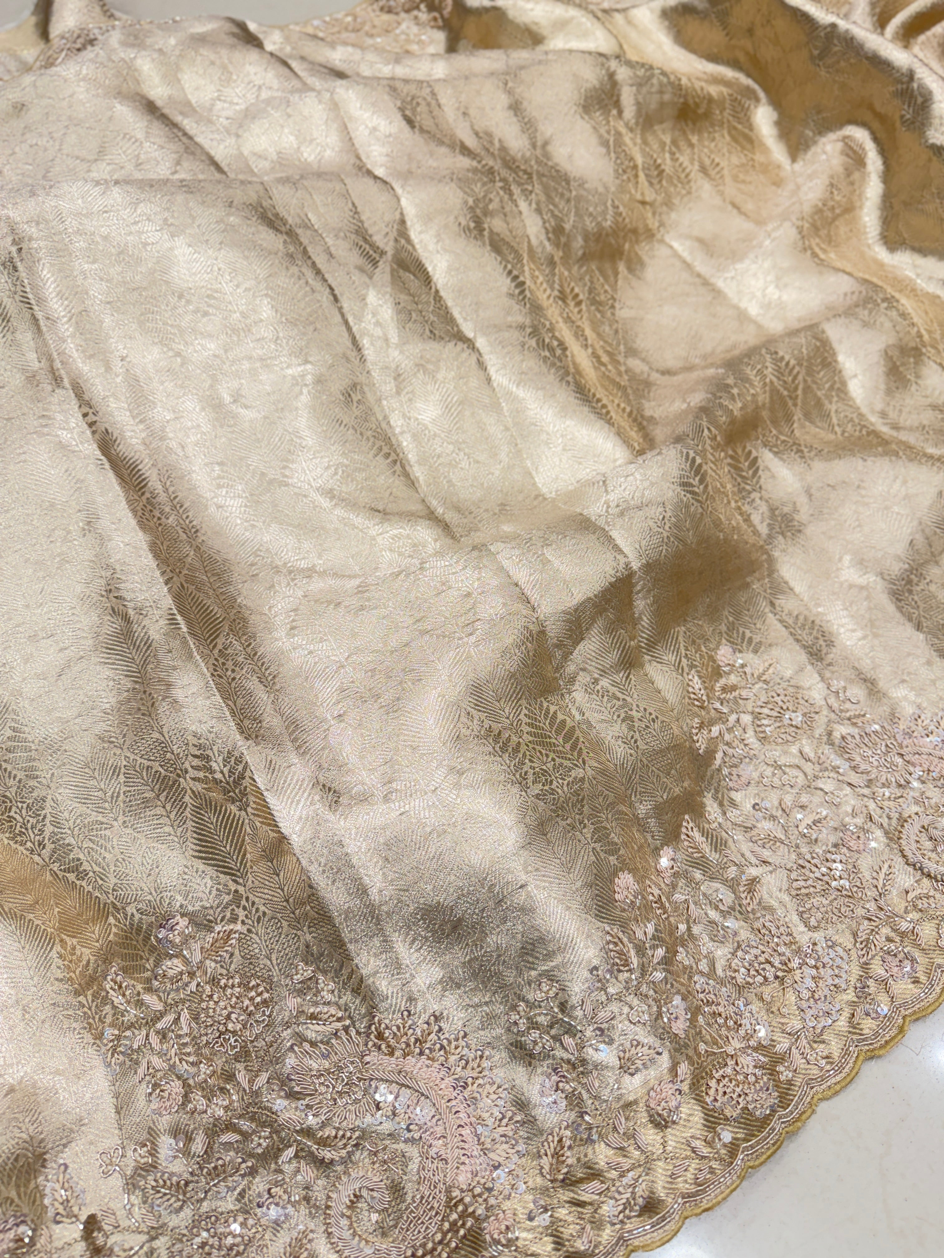 Light Gold Tissue Kanjivaram Zardosi Hand Embroidery Saree