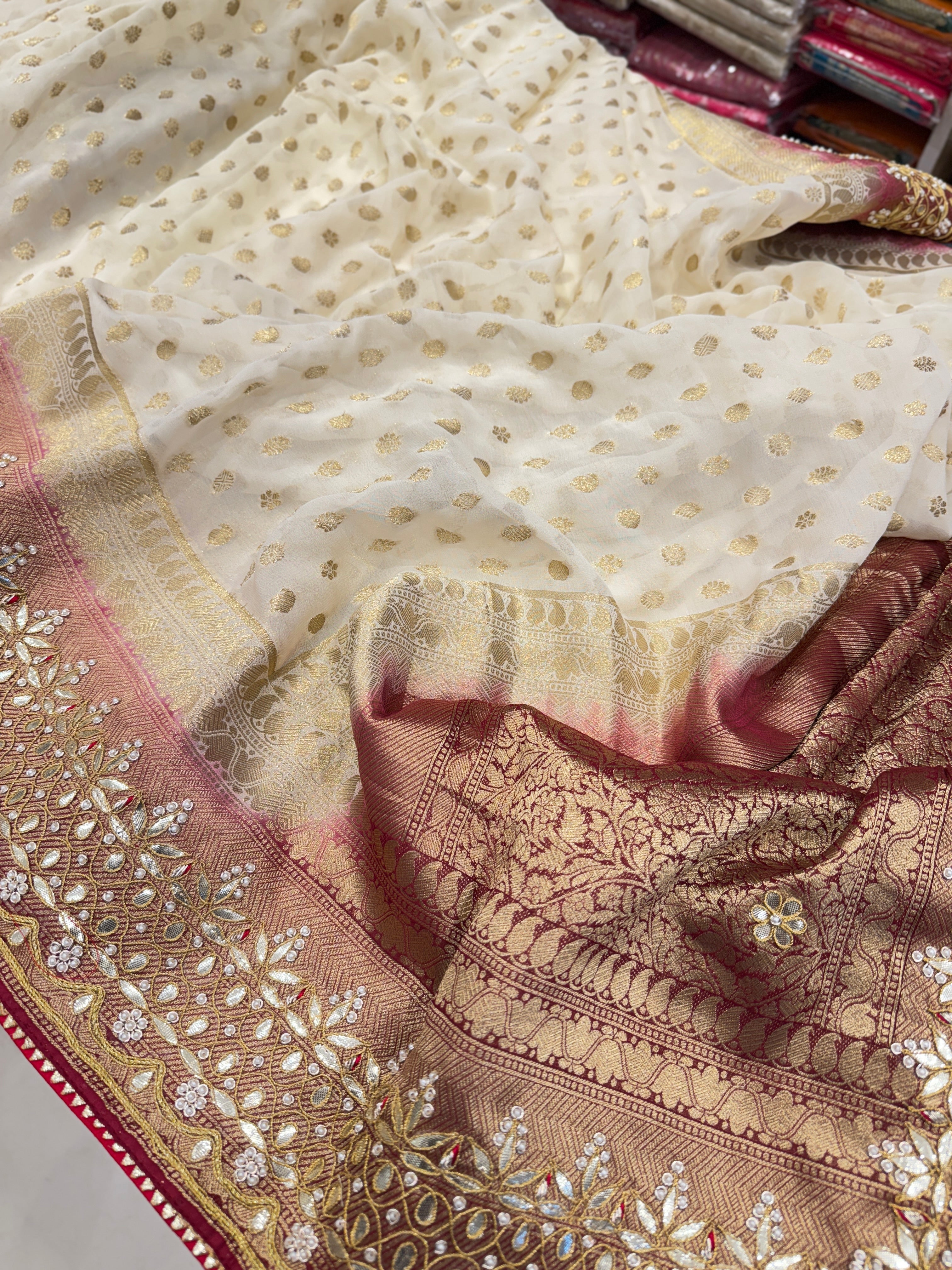 Beige Maroon Buttis Georgette Gotapatti Saree