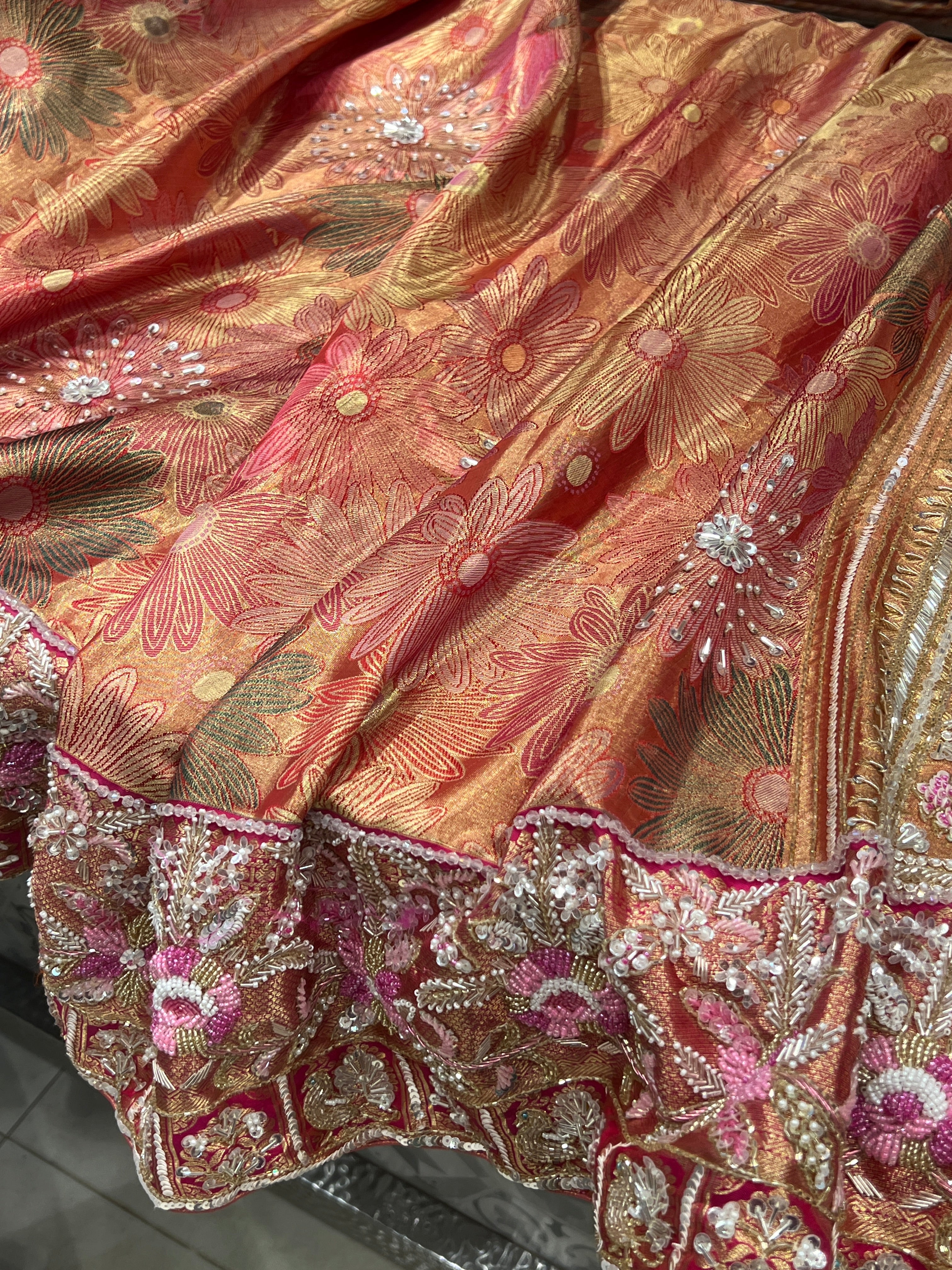 Floral Kanjivaram Moti Zardosi Hand Embroidery Saree