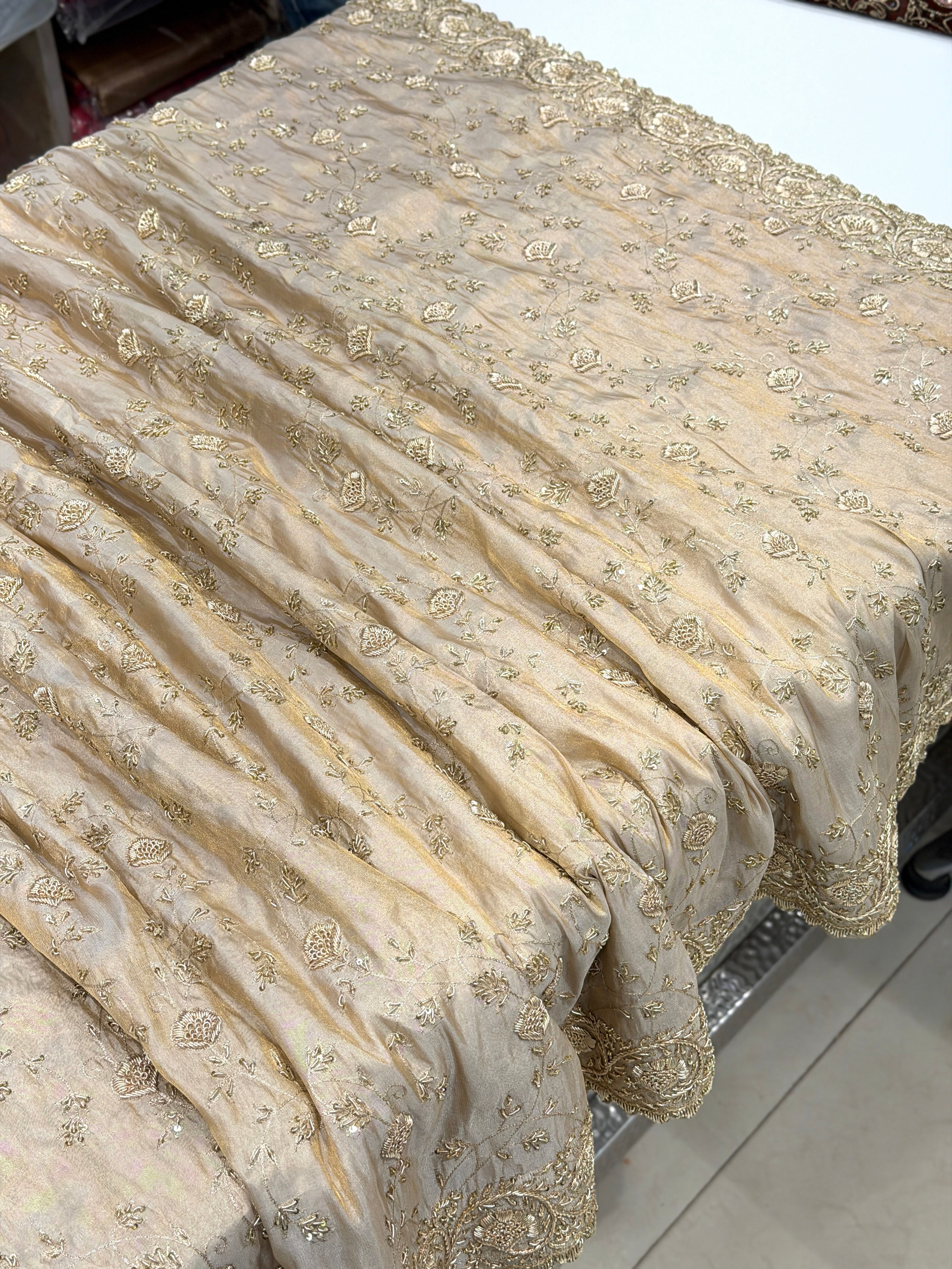 Ivory Tissue Zardosi Floral Jaal Hand Embroidery Saree