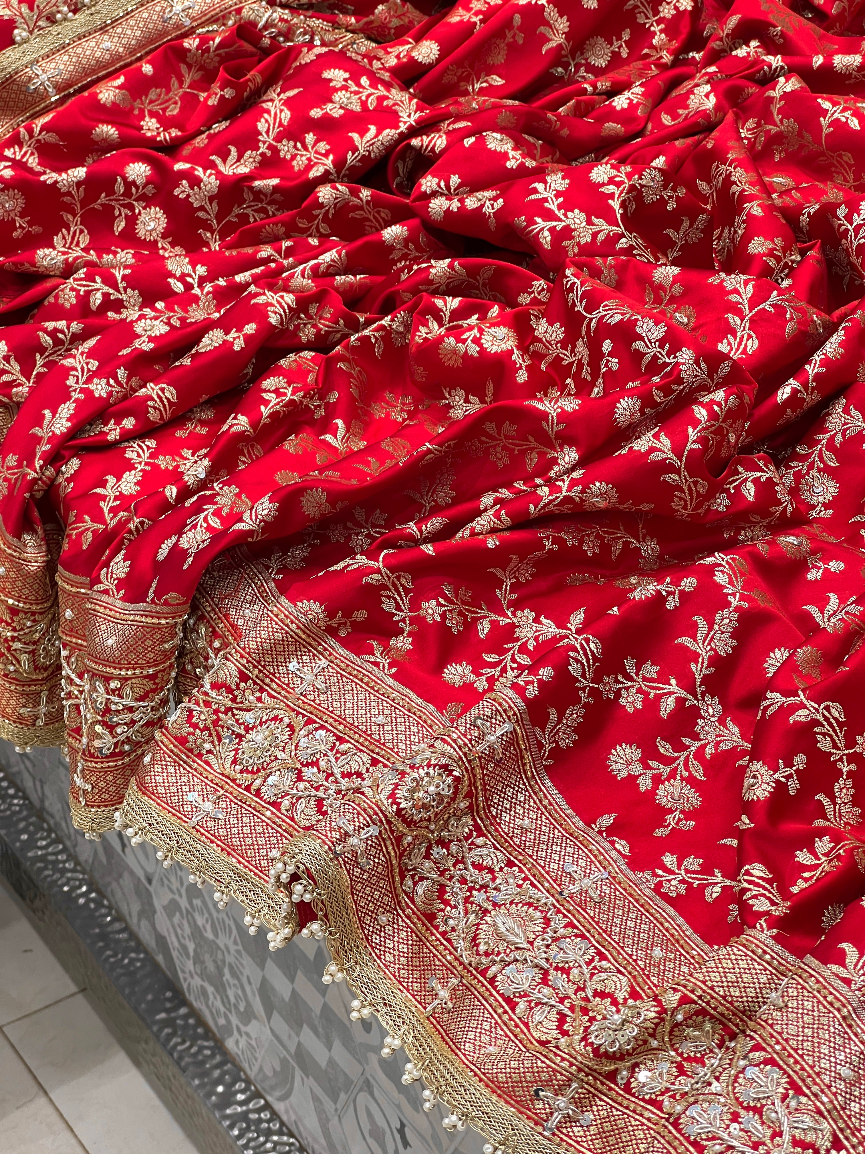 Red Banarasi Silk Flower Border Zardosi Hand Embroidery Saree