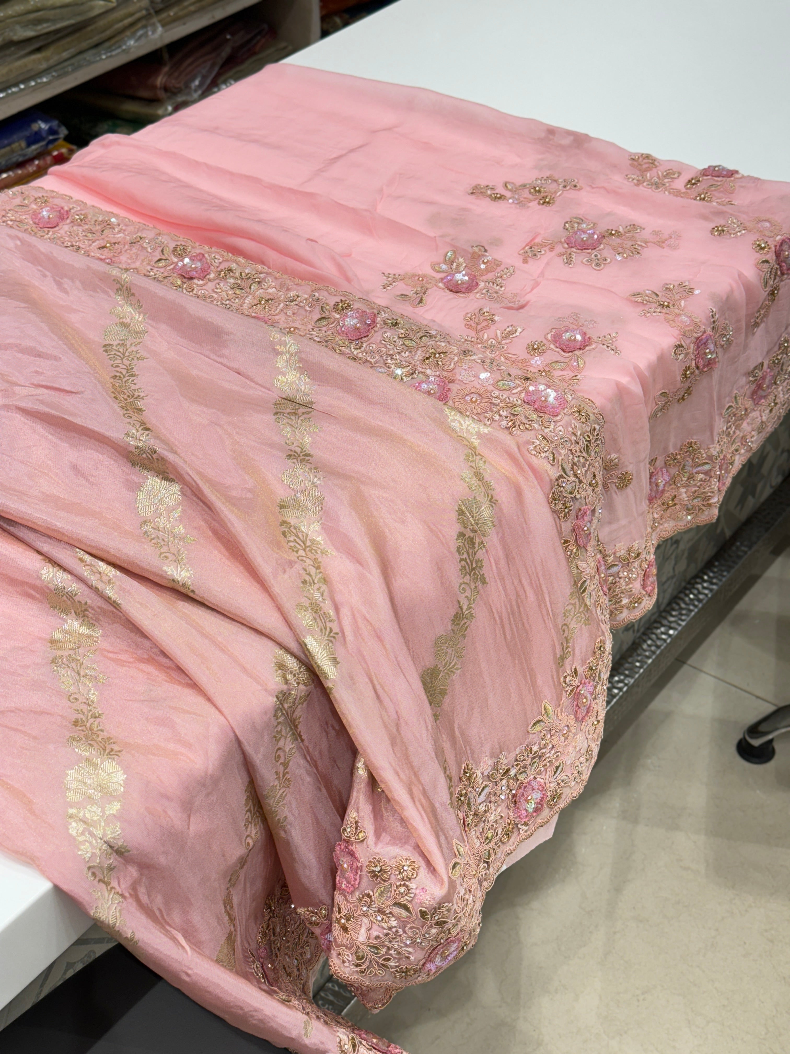 Pink Half n Half Crepe Tissue Embroidery Saree