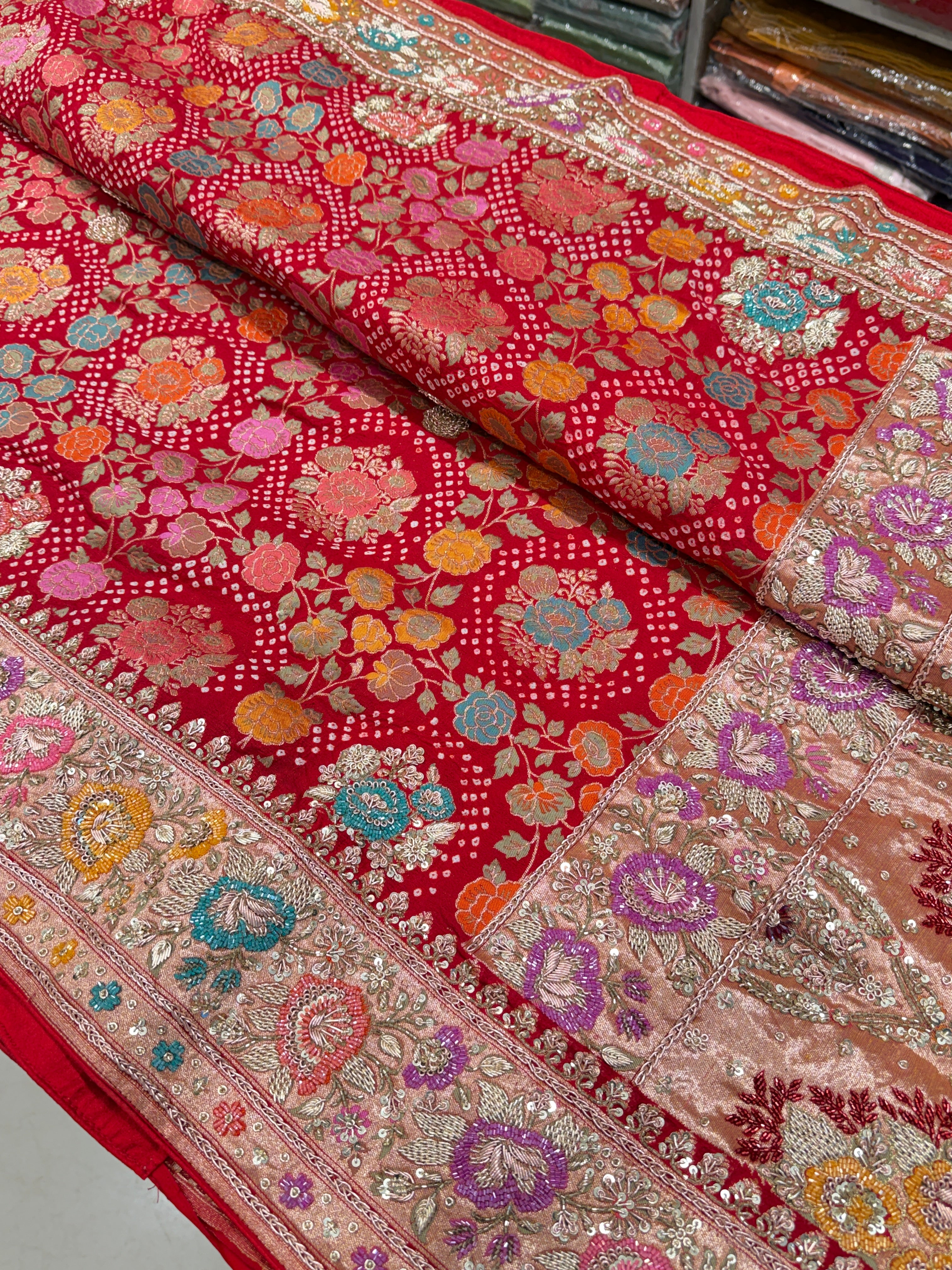 Red Meenakari Bandhej Zardodi Sequin Hand Embroidery Saree