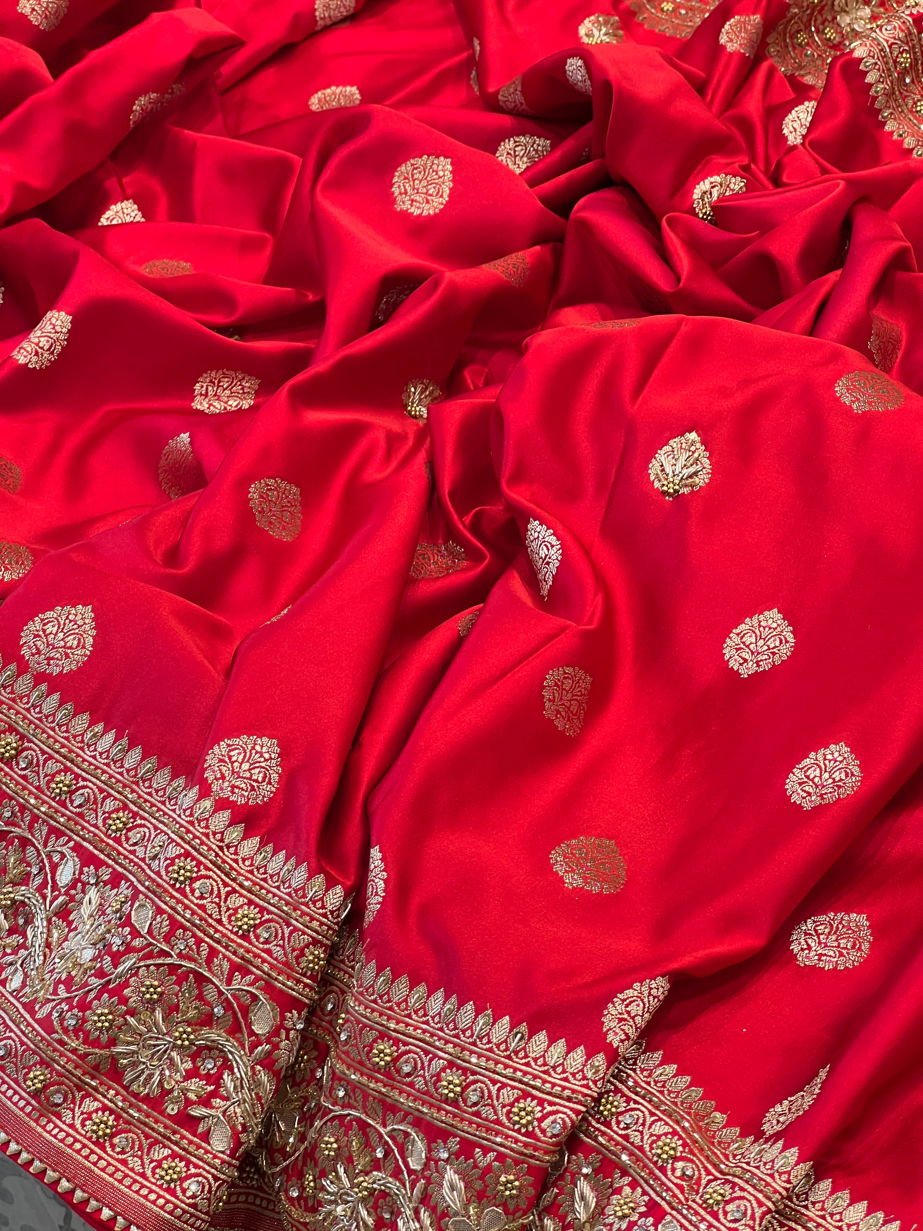 Red Banarasi Silk Butta Hand Embroidery Saree