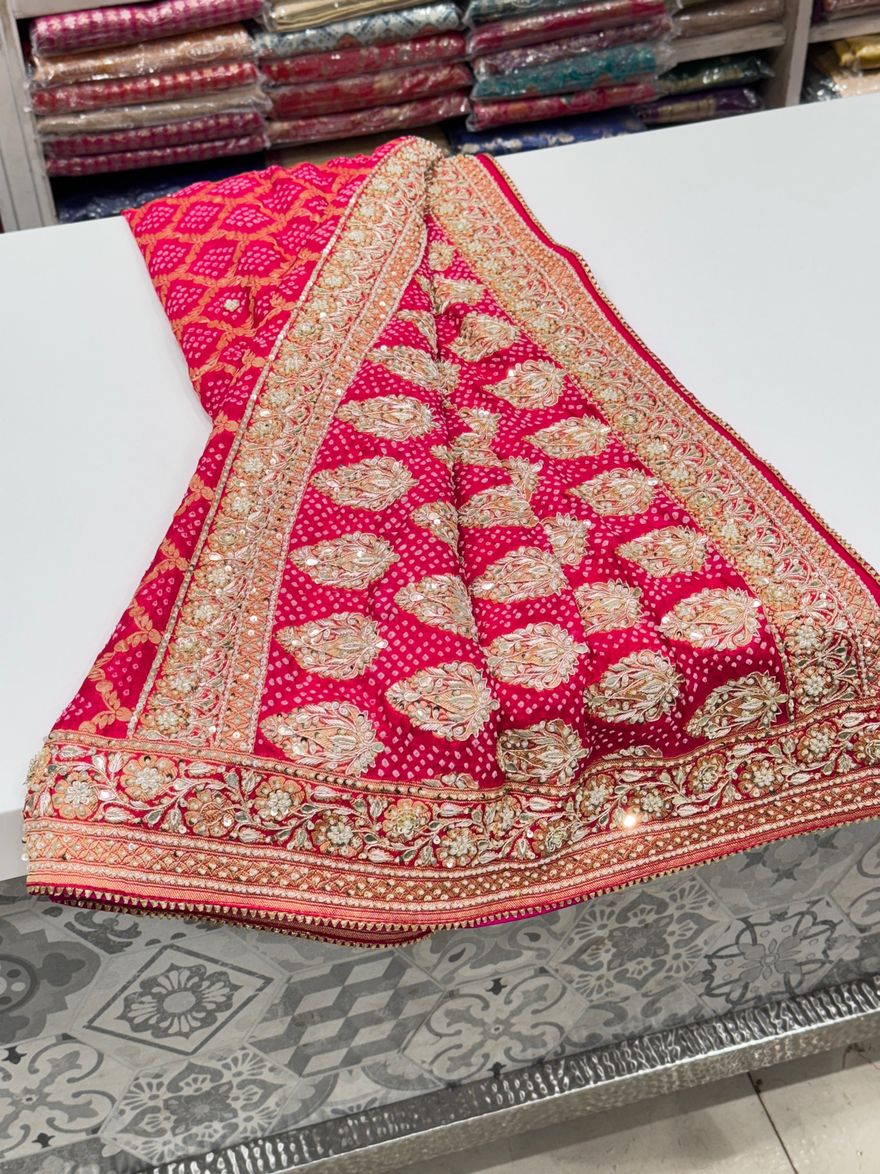 Strawberry Pink Bandhej Embroidery Saree