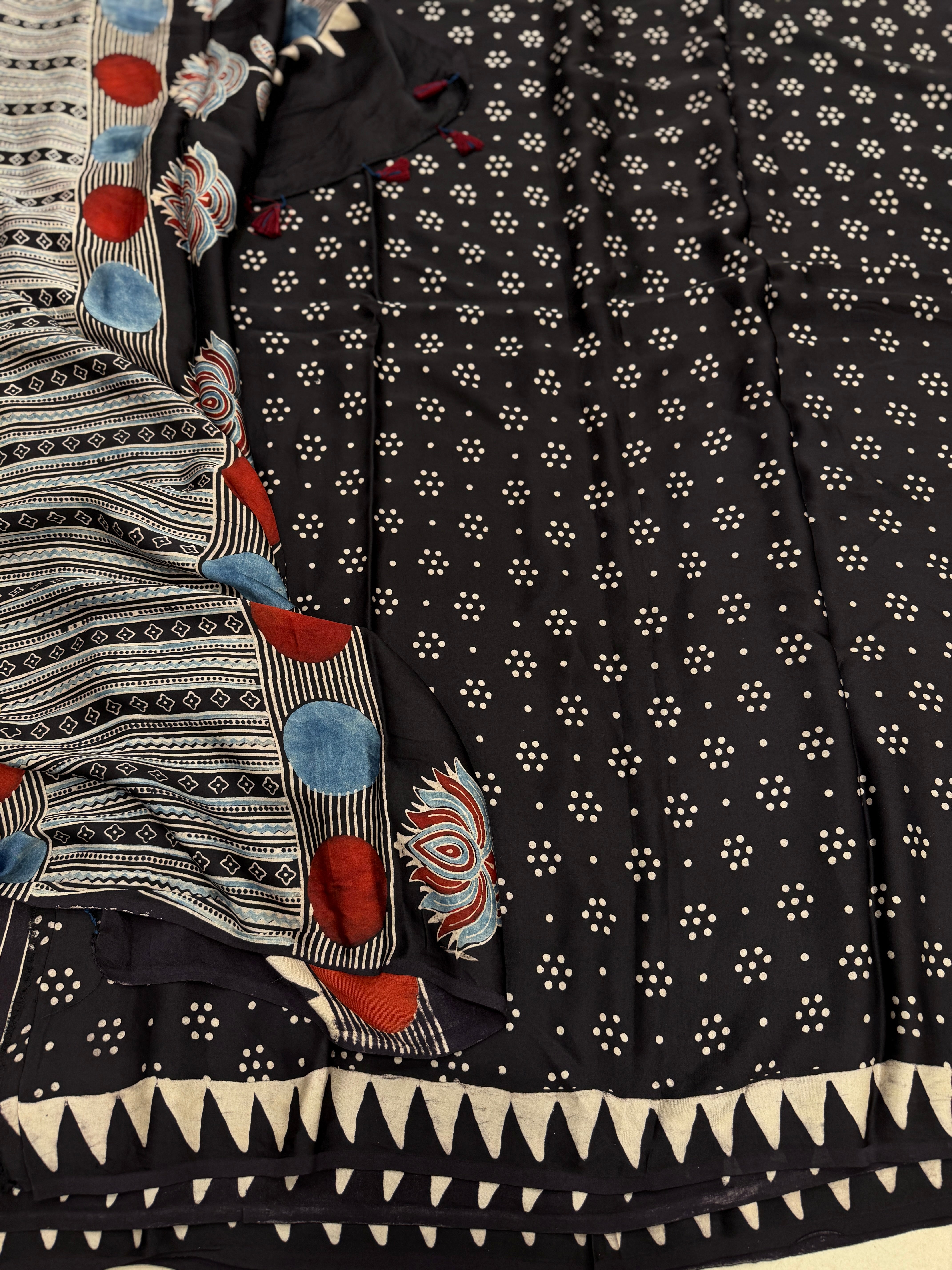 Black Contemporary Floral Pallu Ajrakh Hand Block Print Pure Gajji Silk Saree