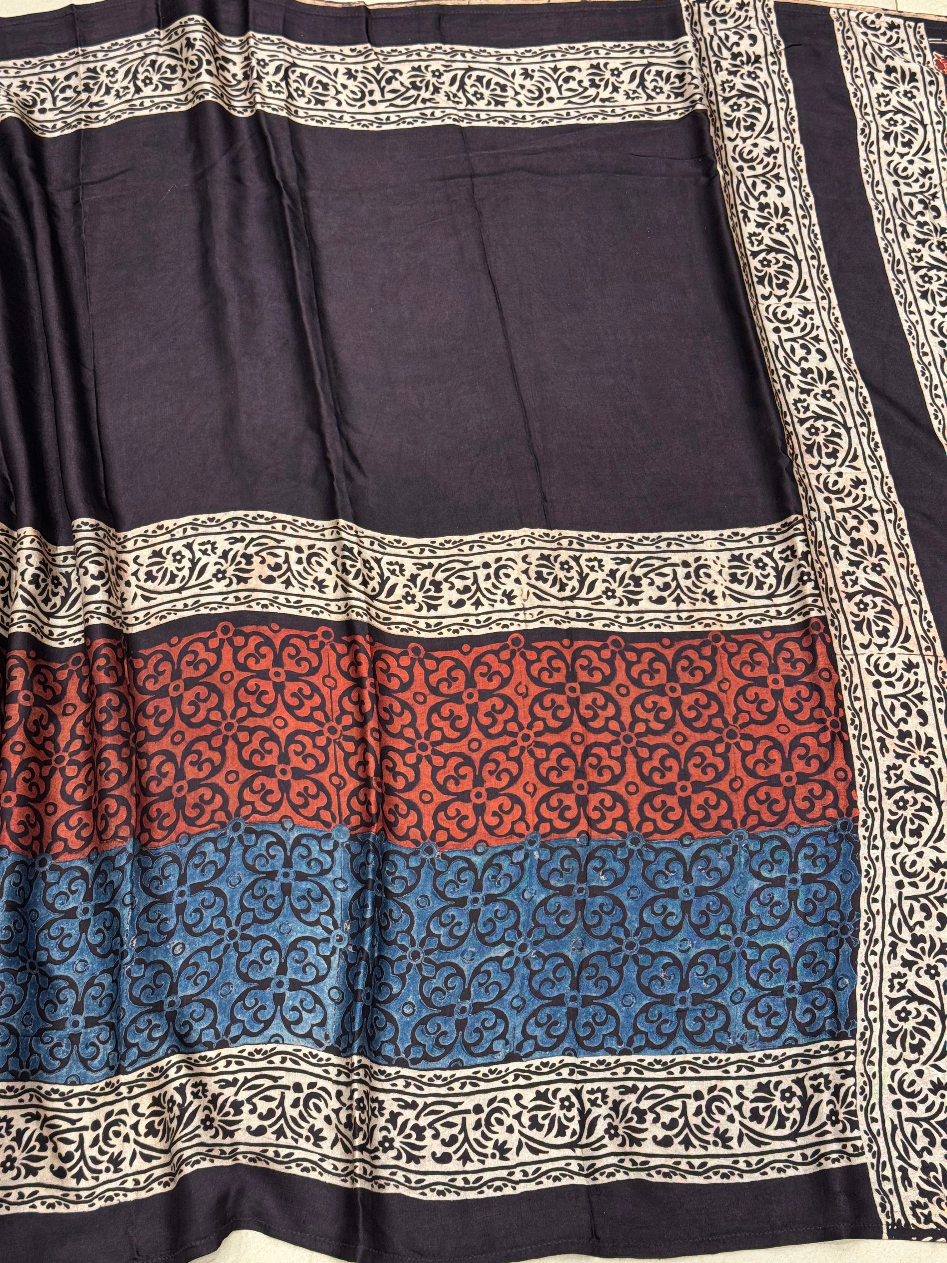 Multi Traditional Half Jaal Ajrakh Modal Gajji Silk Saree